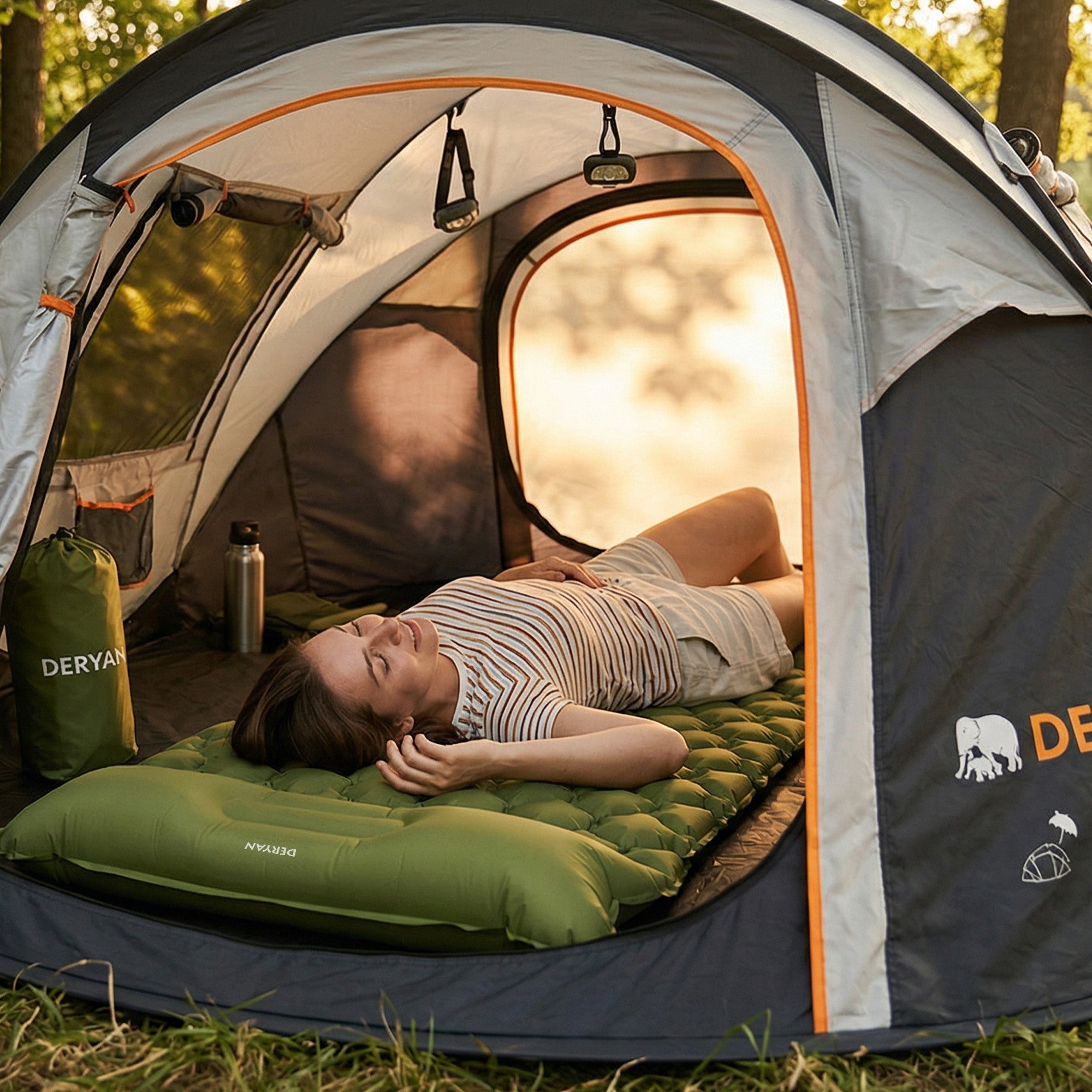 Deryan Air Bed - Zelfopblazend met ingebouwde Pomp - Luchtbed Kamperen - Inclusief tas - Groen