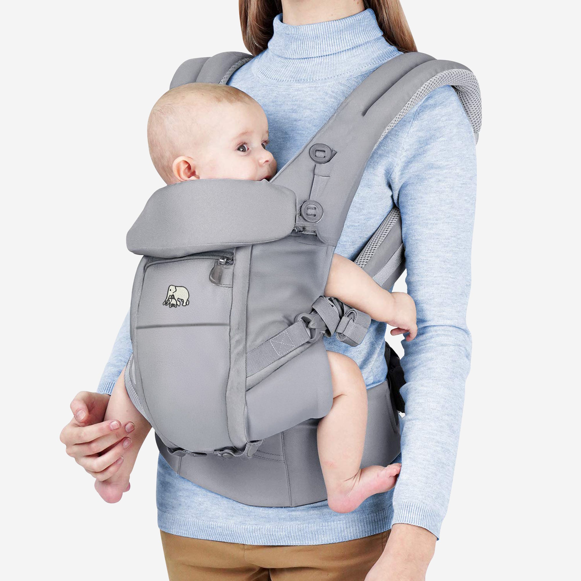Marsupio 4 in 1 grigio chiaro, con spallacci e cintura regolabili in modo ergonomico, compatto e leggero