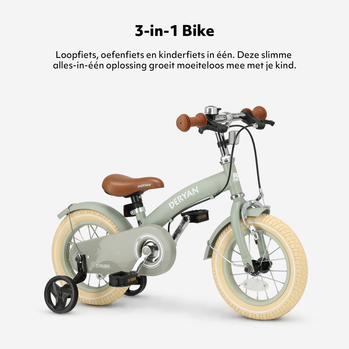 Lyxig barncykel 12 tum - 3 i 1 - gångcykel Grön