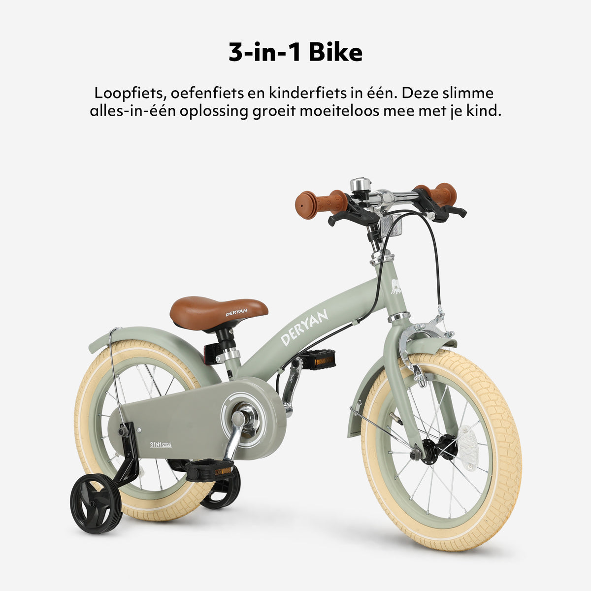 Lyxig barncykel 14 tum - 3 i 1 - gångcykel Grön