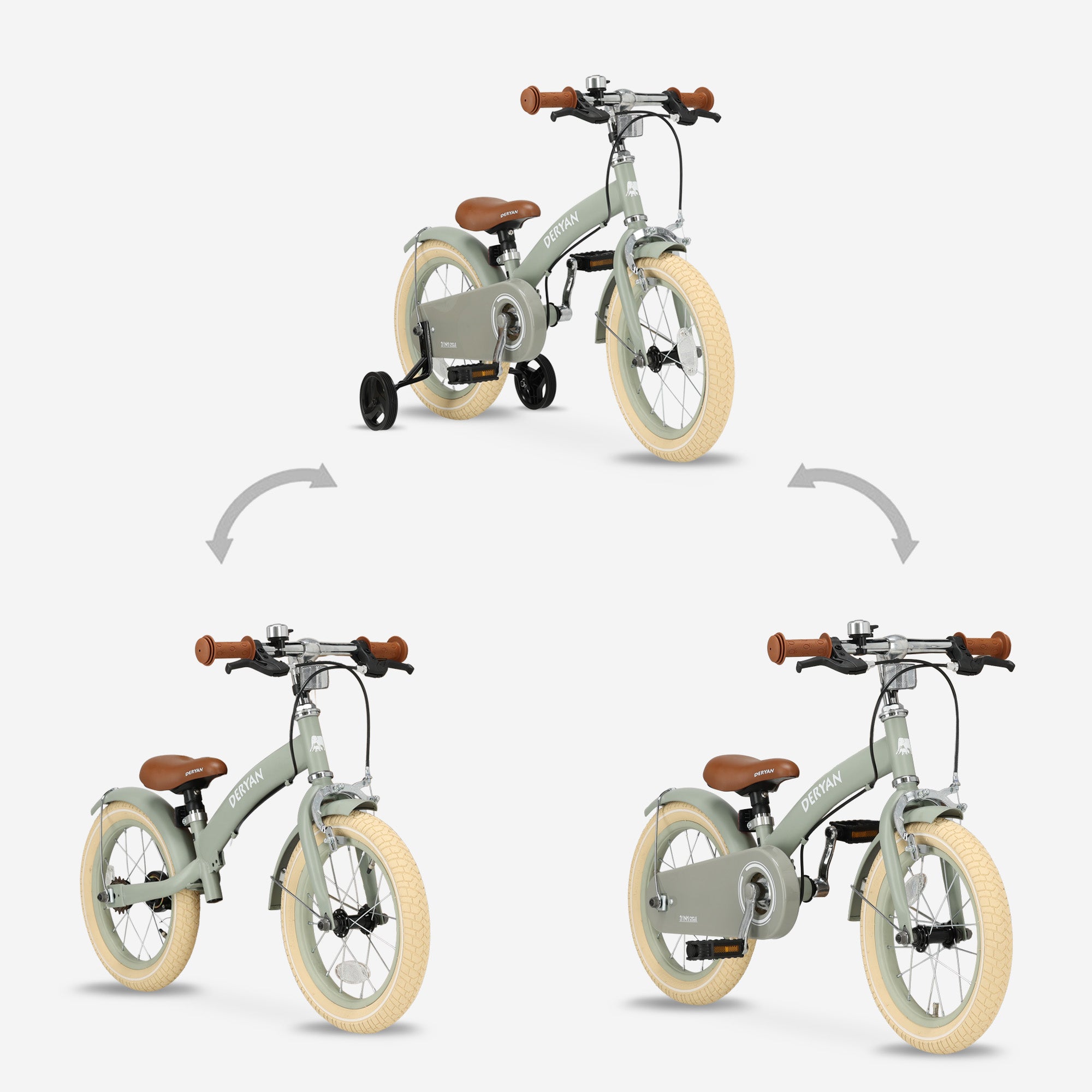 Luksus børnecykel 14 tommer - 3 i 1 - gåcykel Grøn