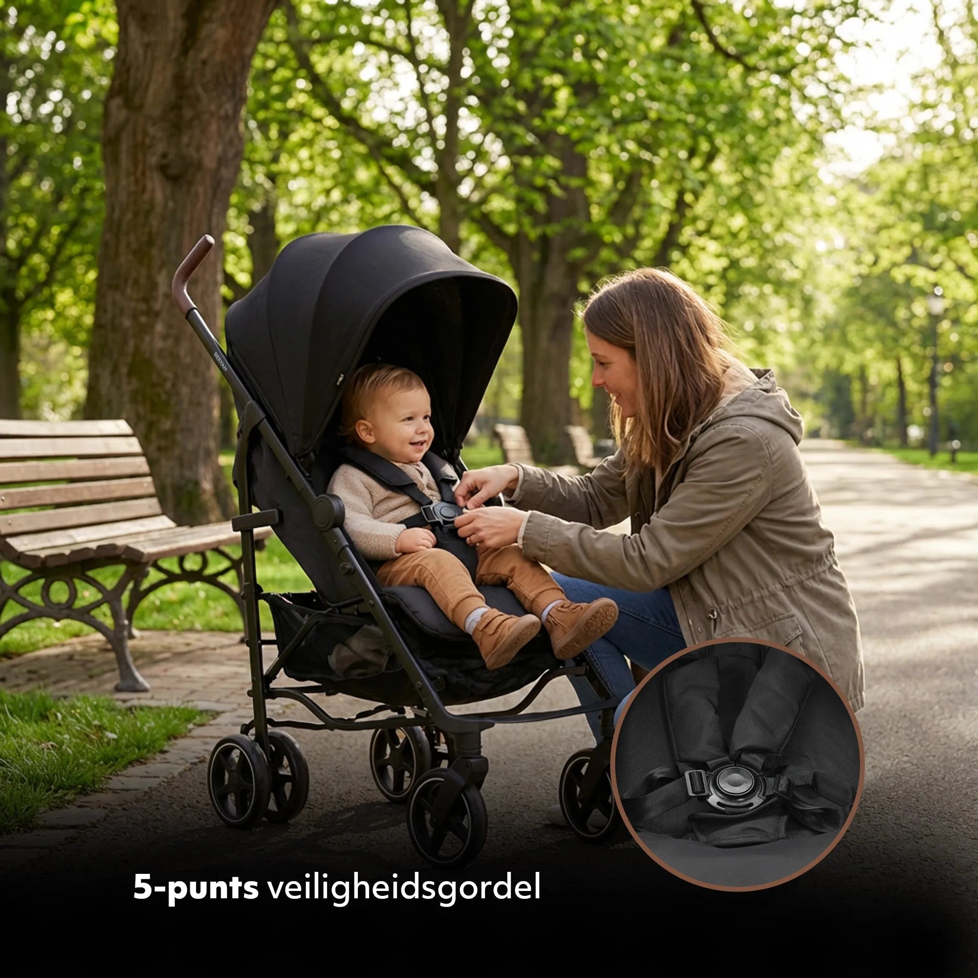 Bobbie - Umbrella Stroller - 5-Point Harness - Suitable for Children up to 48.5 lb - Includes Mosquito Net - Black