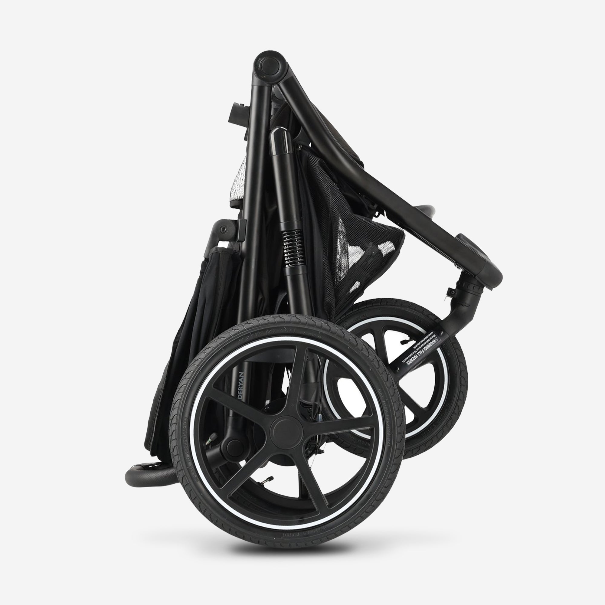 The DERYAN running stroller in black is designed for use while running and walking with young children. The model has a fixed front wheel, adjustable handlebar, pneumatic tires, and a five-point harness, and is intended for use on paved and unpaved paths.