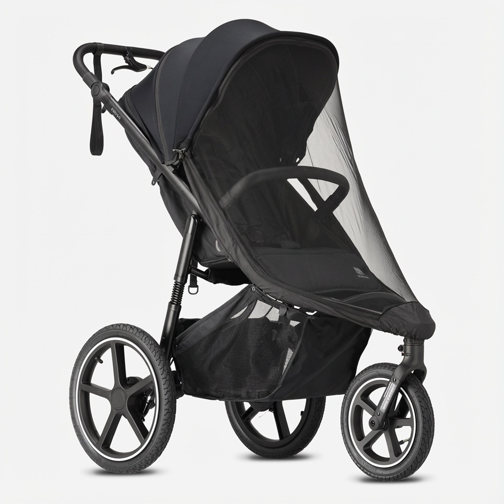 The DERYAN running stroller in black is designed for use while running and walking with young children. The model has a fixed front wheel, adjustable handlebar, pneumatic tires, and a five-point harness, and is intended for use on paved and unpaved paths.
