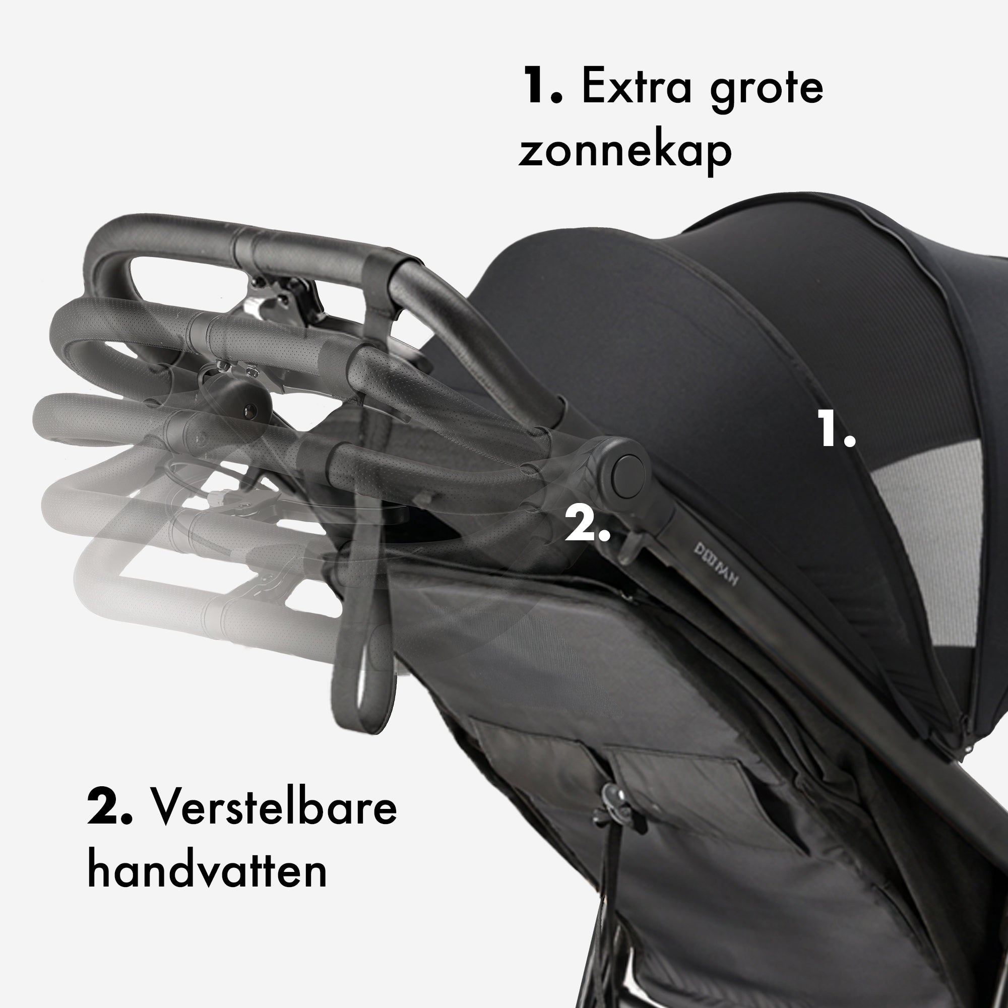 The DERYAN running stroller in black is designed for use while running and walking with young children. The model has a fixed front wheel, adjustable handlebar, pneumatic tires, and a five-point harness, and is intended for use on paved and unpaved paths.