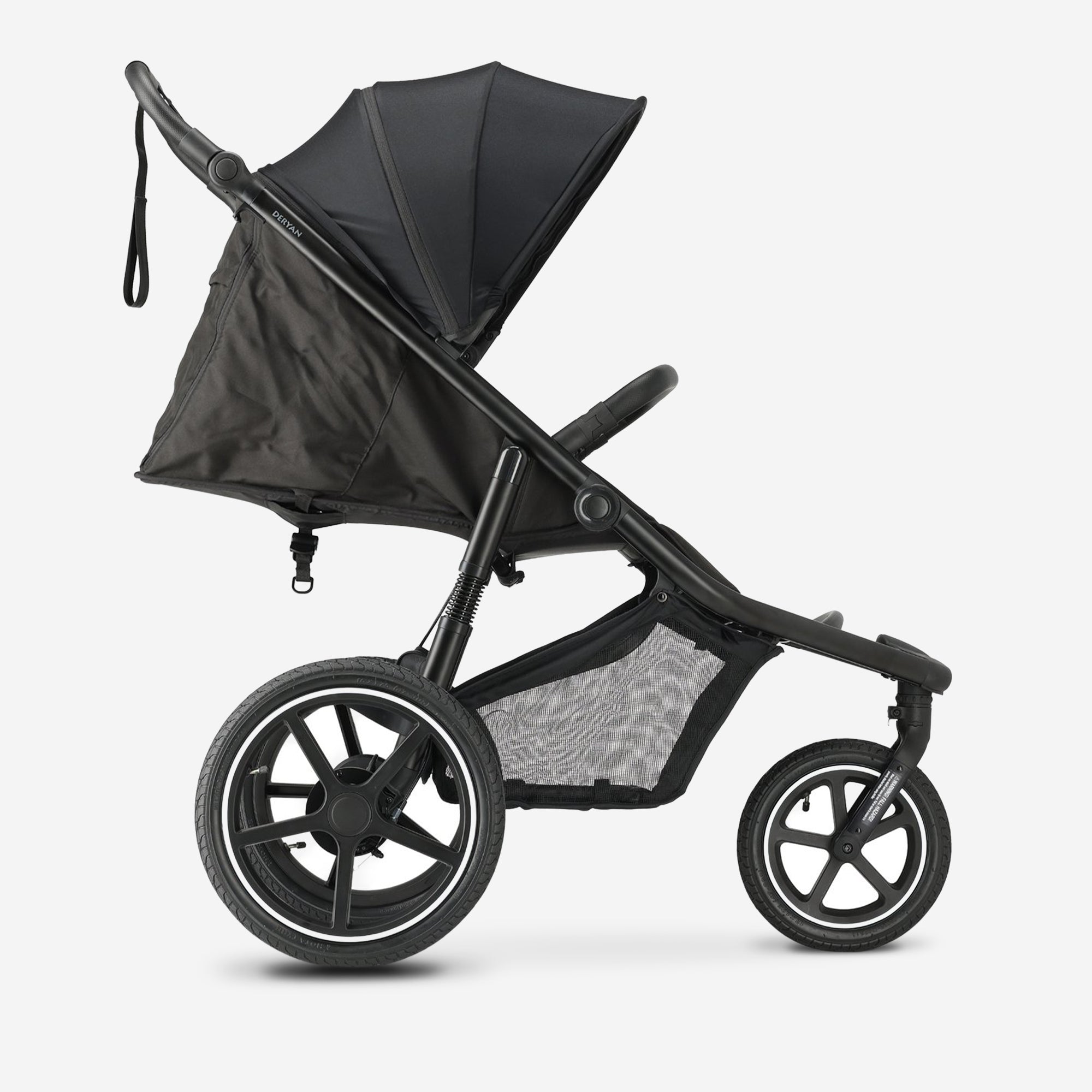 The DERYAN running stroller in black is designed for use while running and walking with young children. The model has a fixed front wheel, adjustable handlebar, pneumatic tires, and a five-point harness, and is intended for use on paved and unpaved paths.