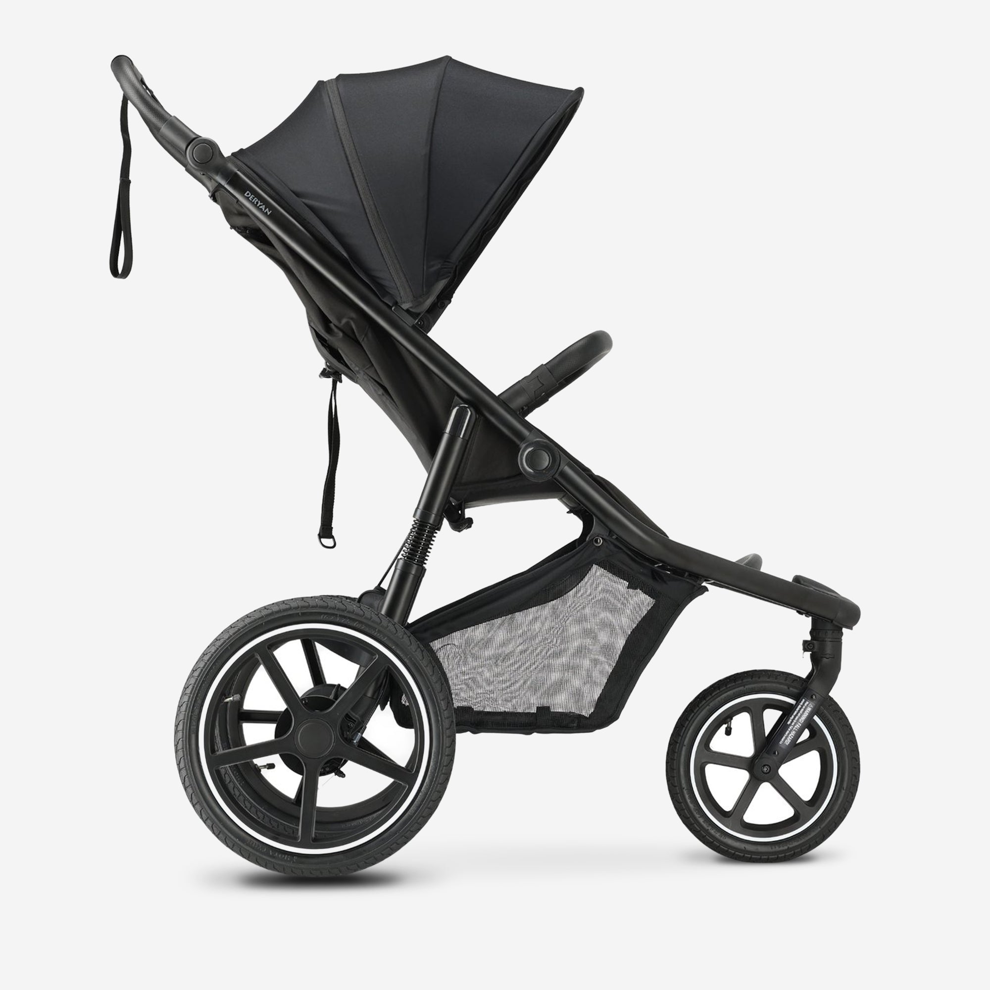 The DERYAN running stroller in black is designed for use while running and walking with young children. The model has a fixed front wheel, adjustable handlebar, pneumatic tires, and a five-point harness, and is intended for use on paved and unpaved paths.