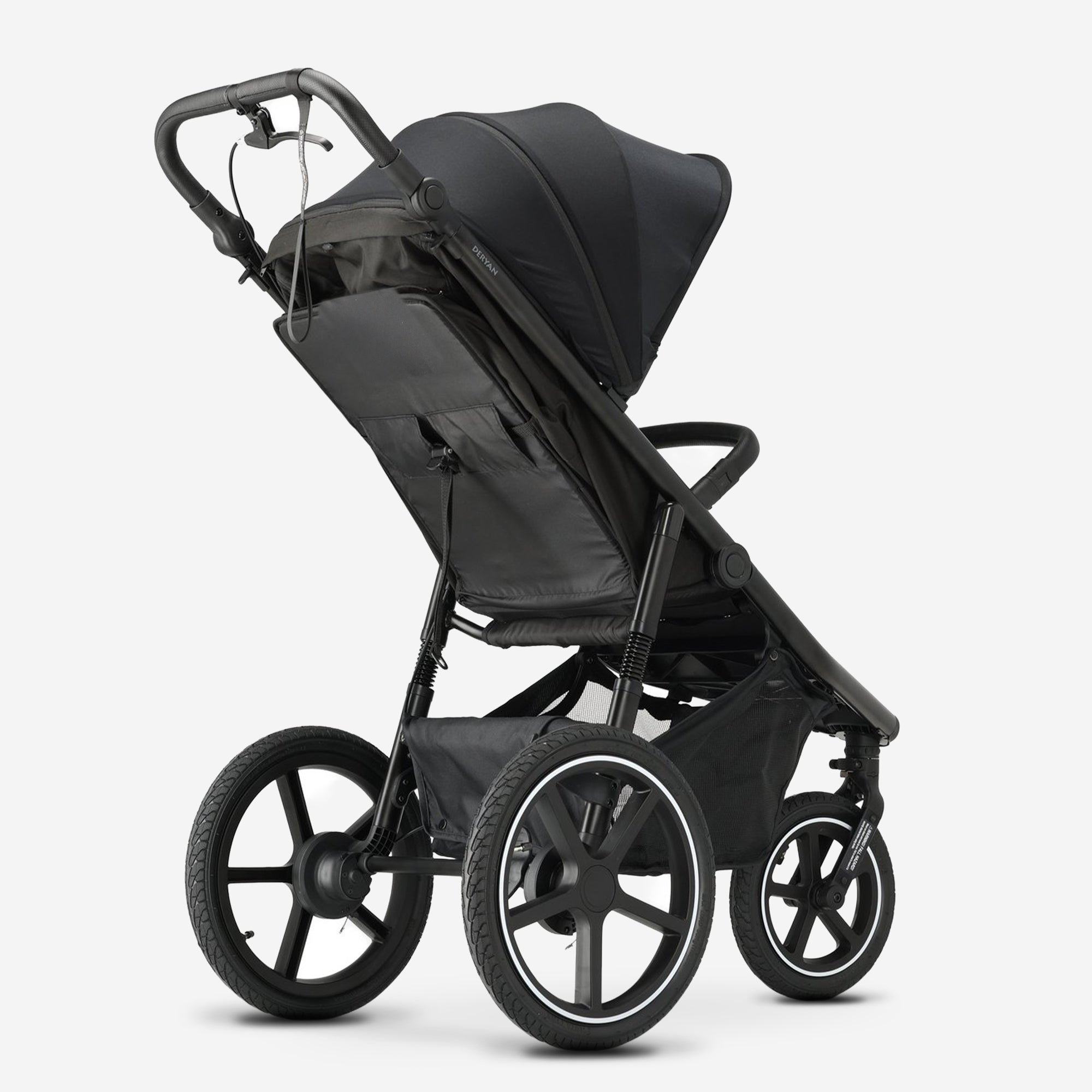 The DERYAN running stroller in black is designed for use while running and walking with young children. The model has a fixed front wheel, adjustable handlebar, pneumatic tires, and a five-point harness, and is intended for use on paved and unpaved paths.