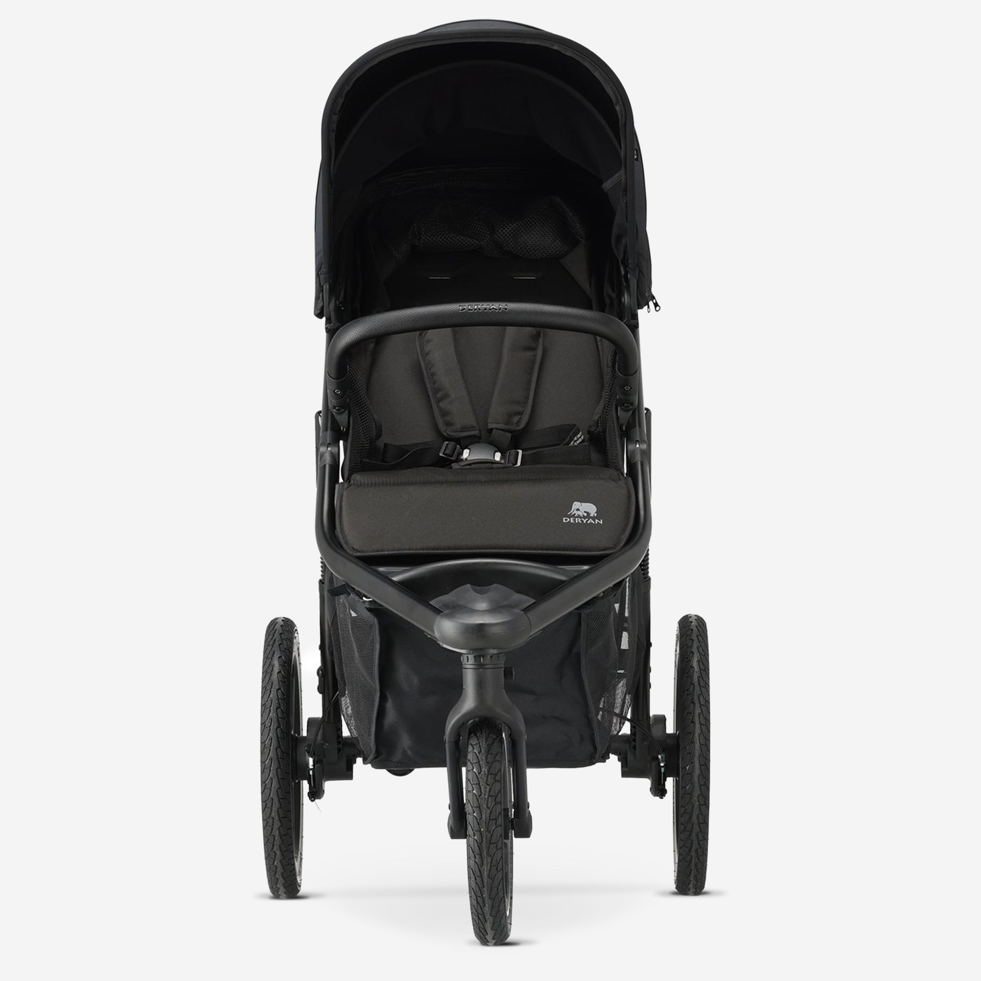 The DERYAN running stroller in black is designed for use while running and walking with young children. The model has a fixed front wheel, adjustable handlebar, pneumatic tires, and a five-point harness, and is intended for use on paved and unpaved paths.
