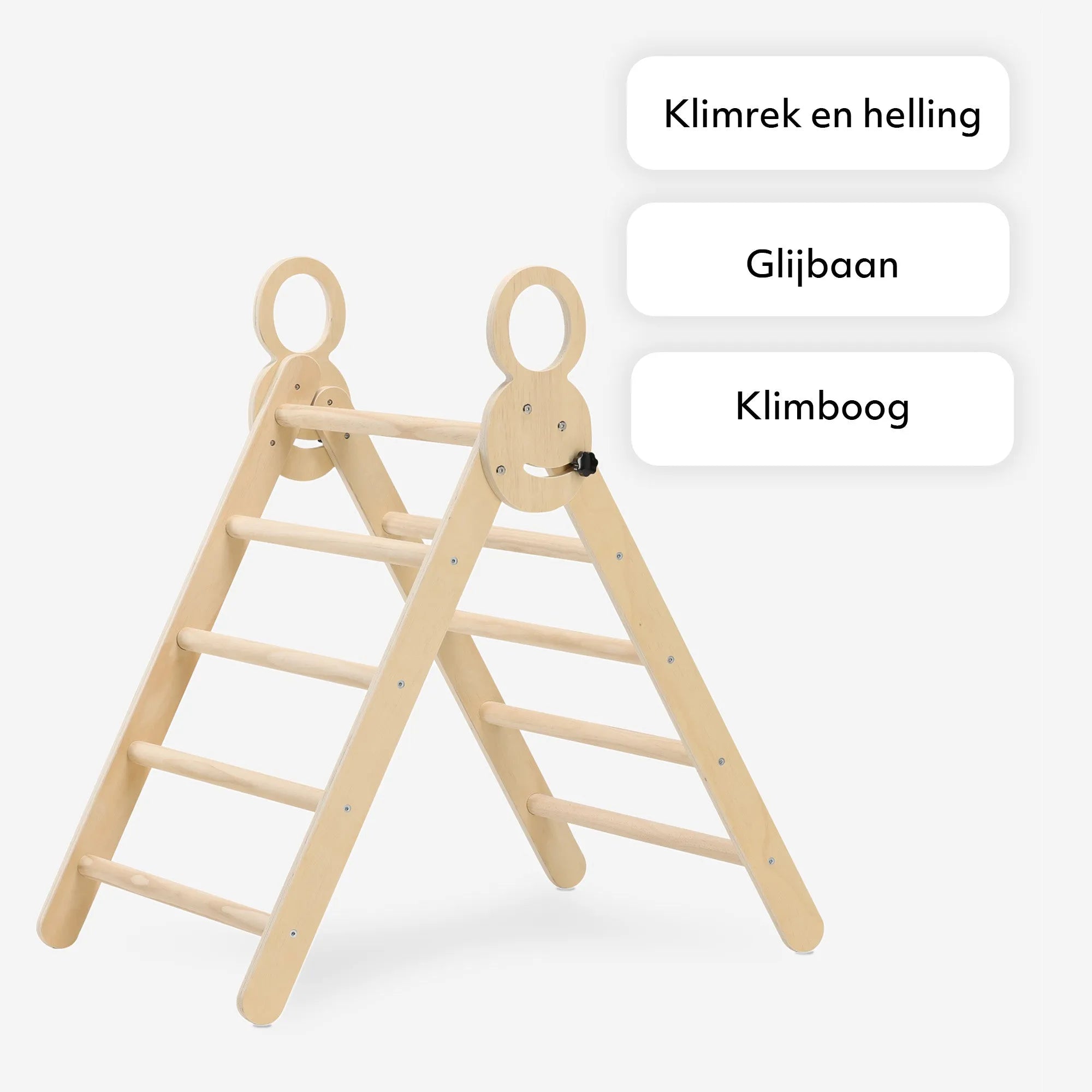 The DERYAN wooden climbing frame is intended for indoor use by young children during play and exercise. The climbing frame is made of wood and has multiple play elements that enable climbing and movement. The model is suitable for placement in the home.