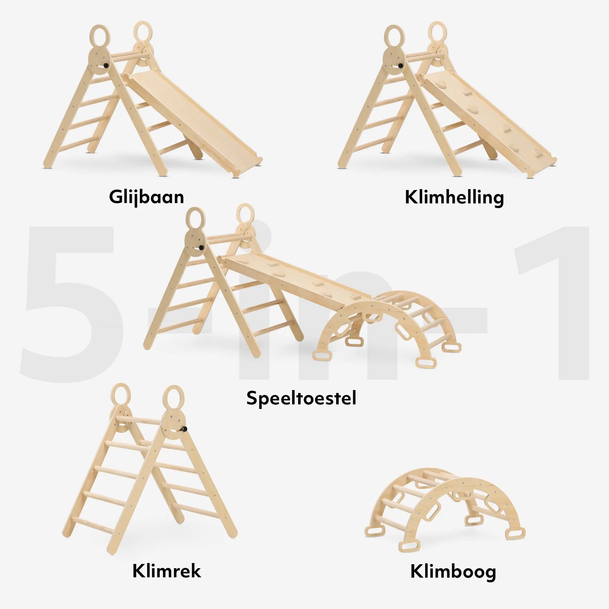 The DERYAN wooden climbing frame is intended for indoor use by young children during play and exercise. The climbing frame is made of wood and has multiple play elements that enable climbing and movement. The model is suitable for placement in the home.