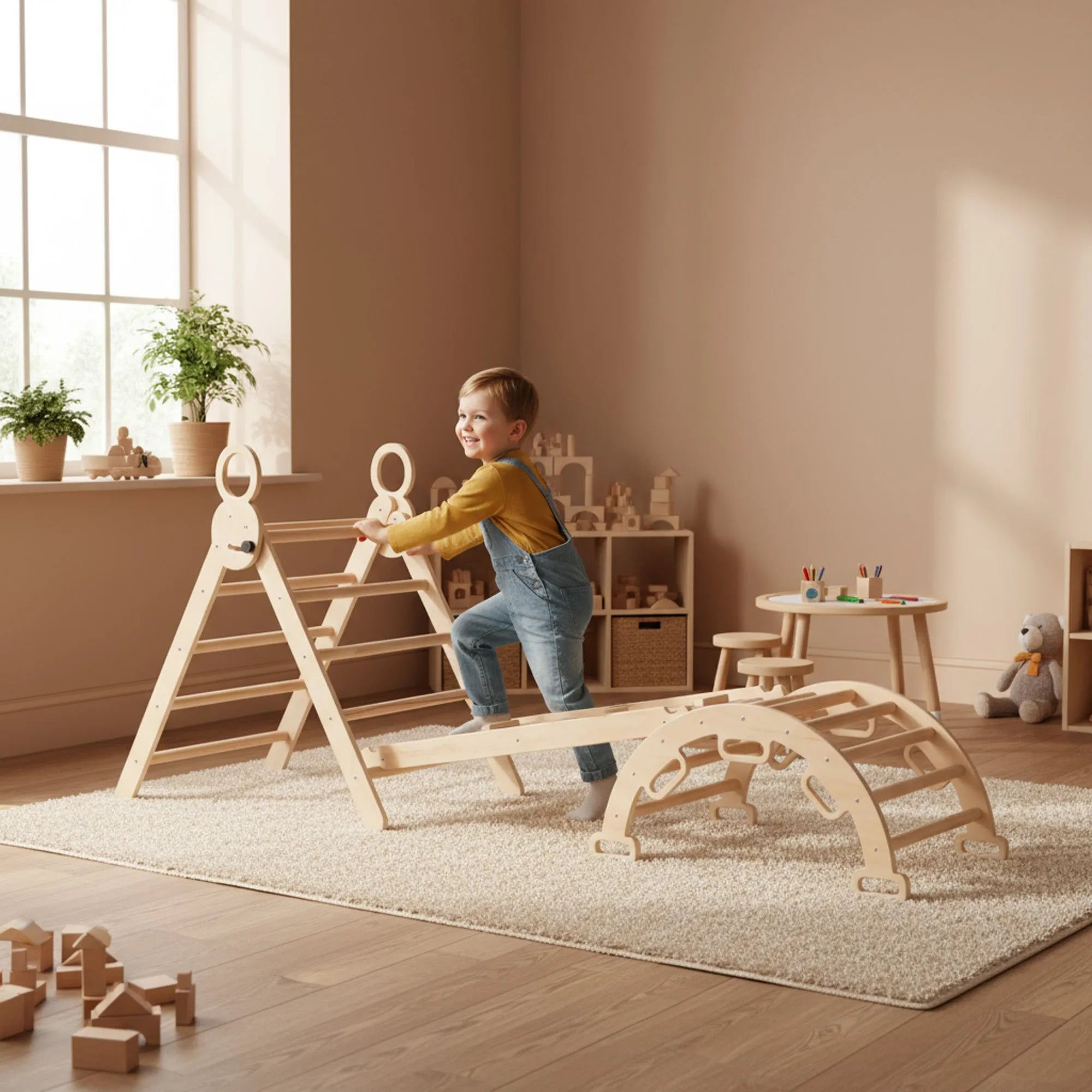 The DERYAN wooden climbing frame is intended for indoor use by young children during play and exercise. The climbing frame is made of wood and has multiple play elements that enable climbing and movement. The model is suitable for placement in the home.
