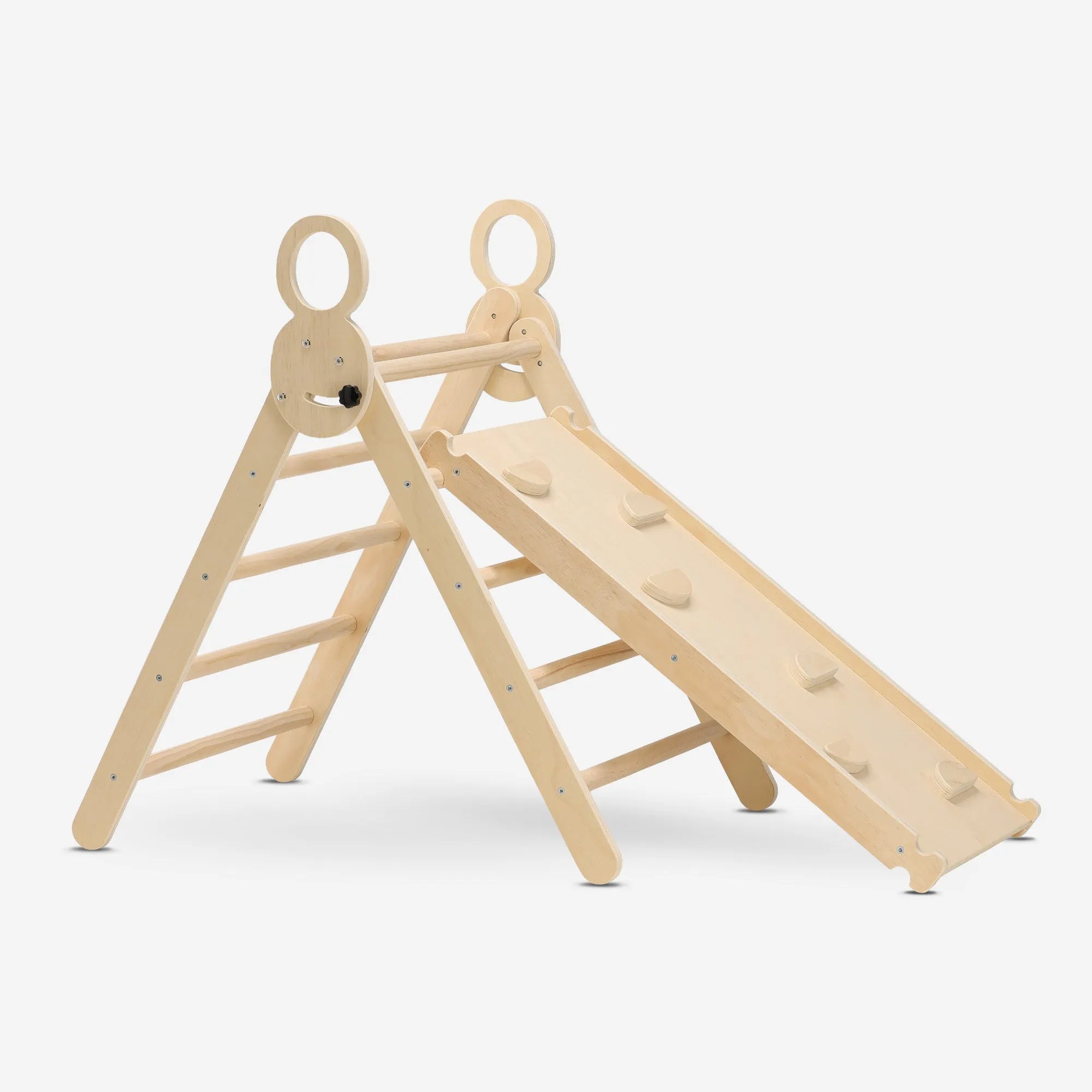 The DERYAN wooden climbing frame is intended for indoor use by young children during play and exercise. The climbing frame is made of wood and has multiple play elements that enable climbing and movement. The model is suitable for placement in the home.