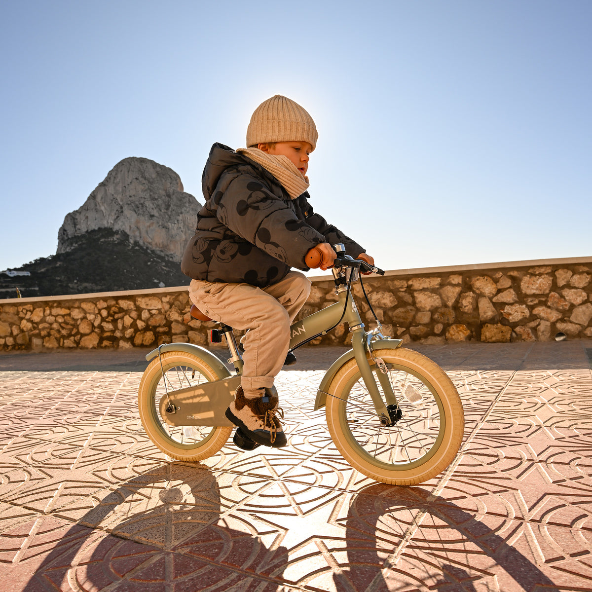 The DERYAN 14-inch children's bike in green can be used as a balance bike, training bike, and children's bike. The model has adjustable handlebars, a PU leather saddle, 14-inch pneumatic tires, and a closed chain guard. The bike is intended for children who are learning to ride a bike.