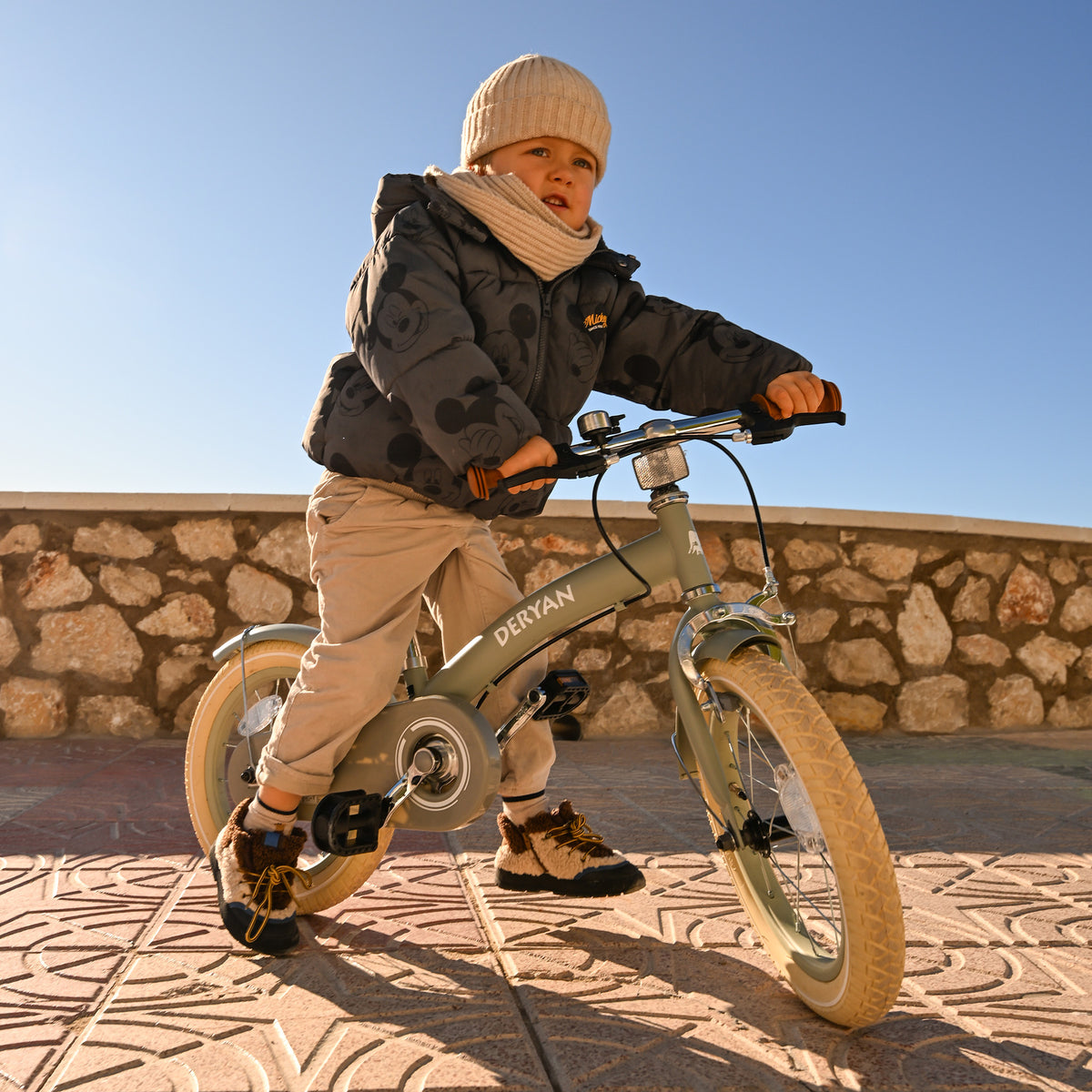 The DERYAN 14-inch children's bike in green can be used as a balance bike, training bike, and children's bike. The model has adjustable handlebars, a PU leather saddle, 14-inch pneumatic tires, and a closed chain guard. The bike is intended for children who are learning to ride a bike.