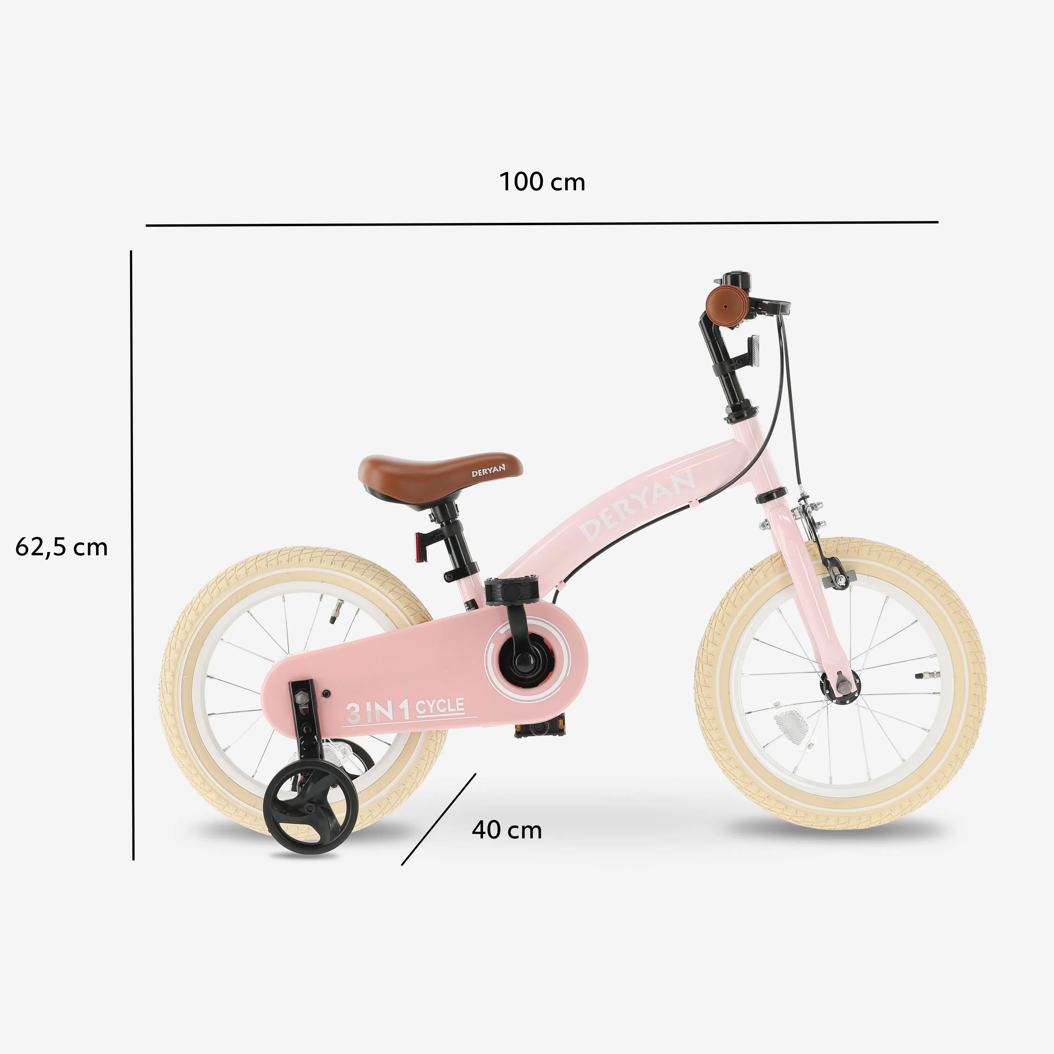 De DERYAN En luksuriøs, rosa fjorten-tommers barnesykkel kan brukes som balansesykkel, treningssykkel eller barnesykkel. Denne modellen har justerbart styre, et PU-skinnsete, fjorten-tommers pneumatiske dekk og en lukket kjedebeskyttelse. Den er designet for barn som lærer å sykle.