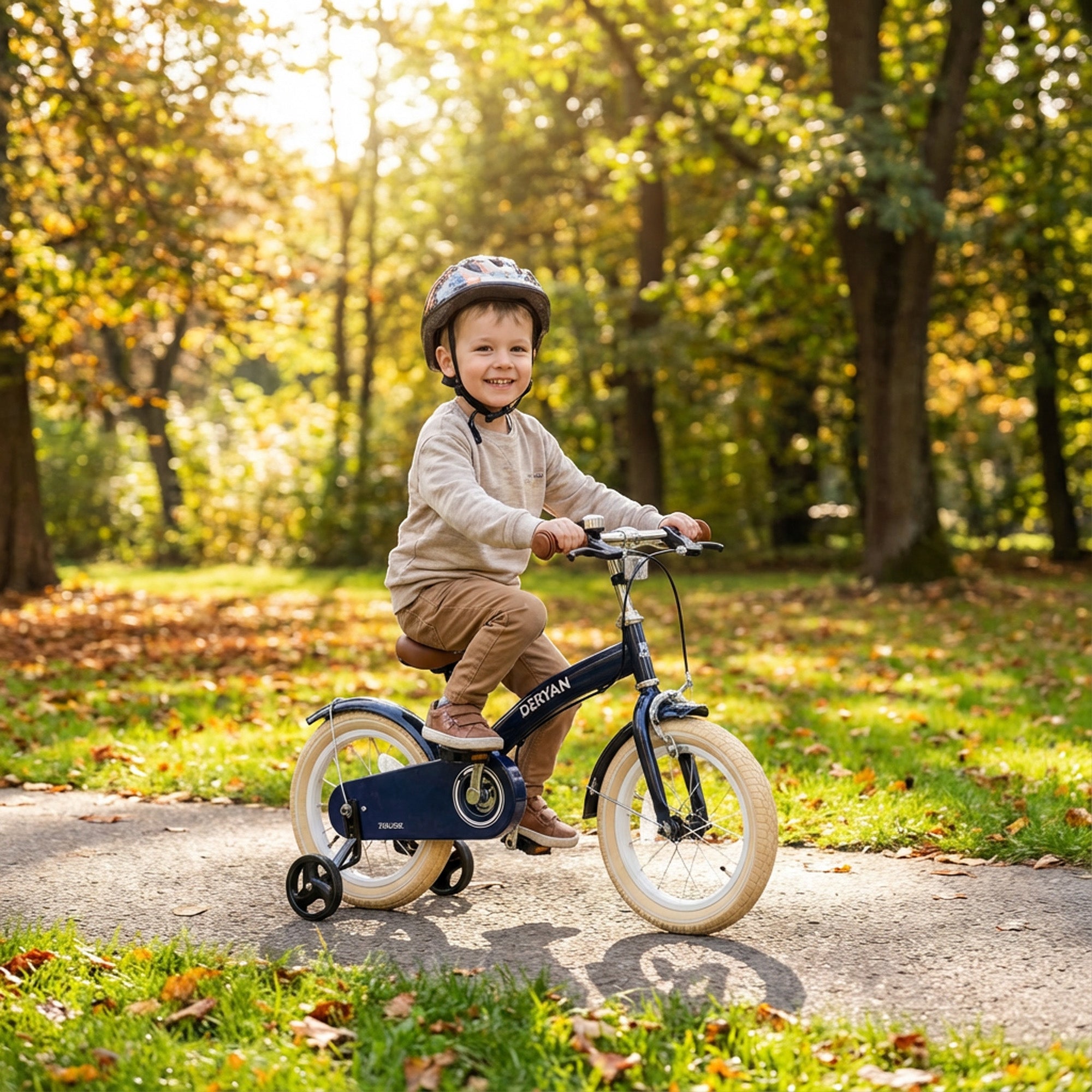The DERYAN 14-inch children's bike in blue can be used as a balance bike, training bike, and children's bike. The model has adjustable handlebars, a PU leather saddle, 14-inch pneumatic tires, and a closed chain guard. The bike is intended for children who are learning to ride.