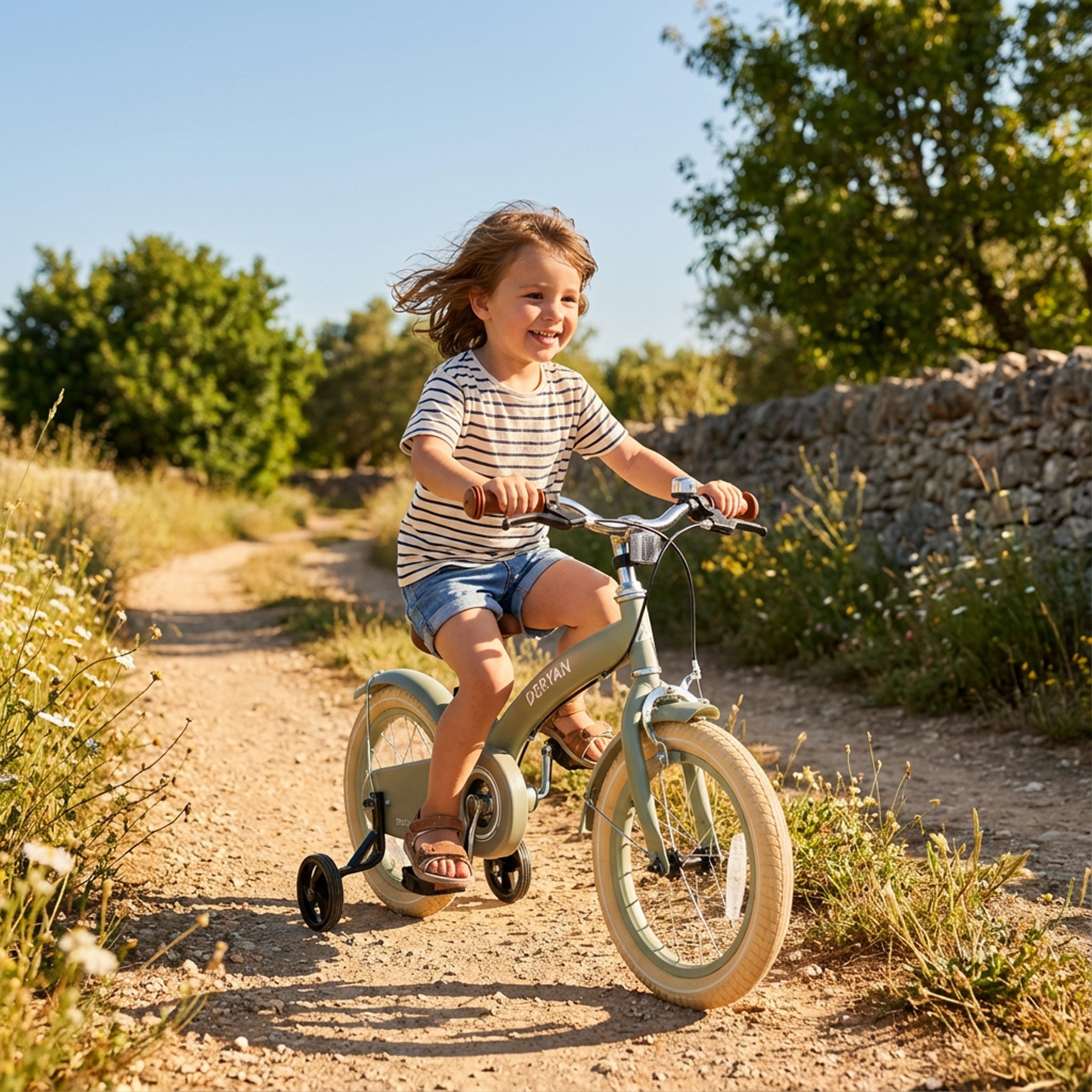 The DERYAN 14-inch children's bike in green can be used as a balance bike, training bike, and children's bike. The model has adjustable handlebars, a PU leather saddle, 14-inch pneumatic tires, and a closed chain guard. The bike is intended for children who are learning to ride a bike.