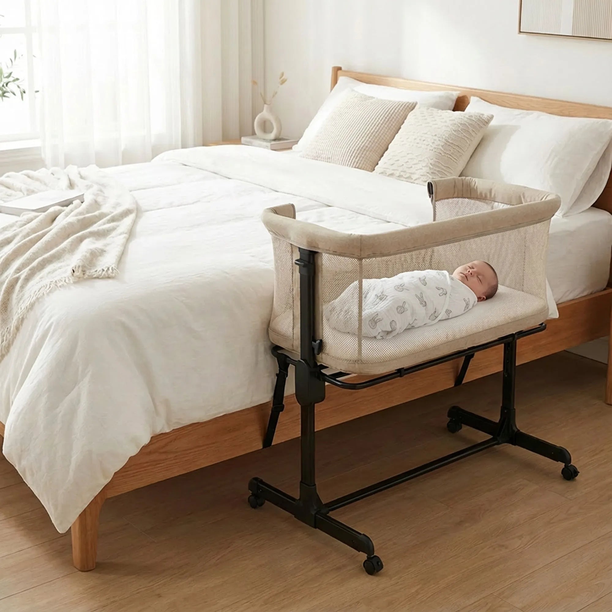 De DERYAN Snoozy co sleeper in de kleur crème is een wieg die naast het bed kan worden geplaatst voor gebruik bij jonge baby’s. Het model heeft een verstelbare hoogte, een open zijkant en een stabiel frame. De co sleeper is bedoeld voor gebruik tijdens de eerste maanden na de geboorte.