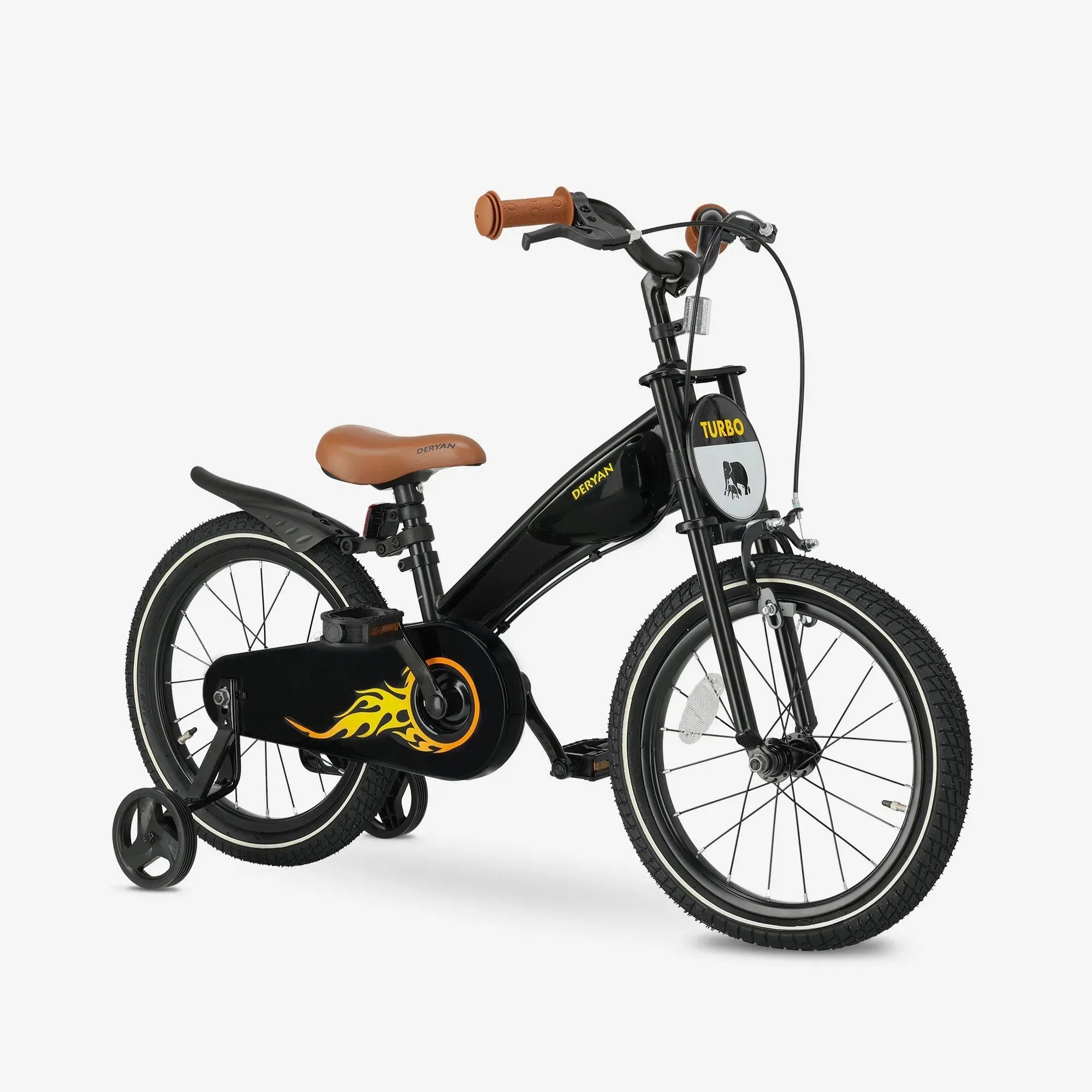 De DERYAN Turbo kinderfiets van zestien inch kan worden gebruikt als loopfiets, oefenfiets en kinderfiets. Het model heeft een verstelbaar stuur, een PU leren zadel, afneembare pedalen en een gesloten kettingkast. De fiets is bedoeld voor kinderen die leren fietsen.