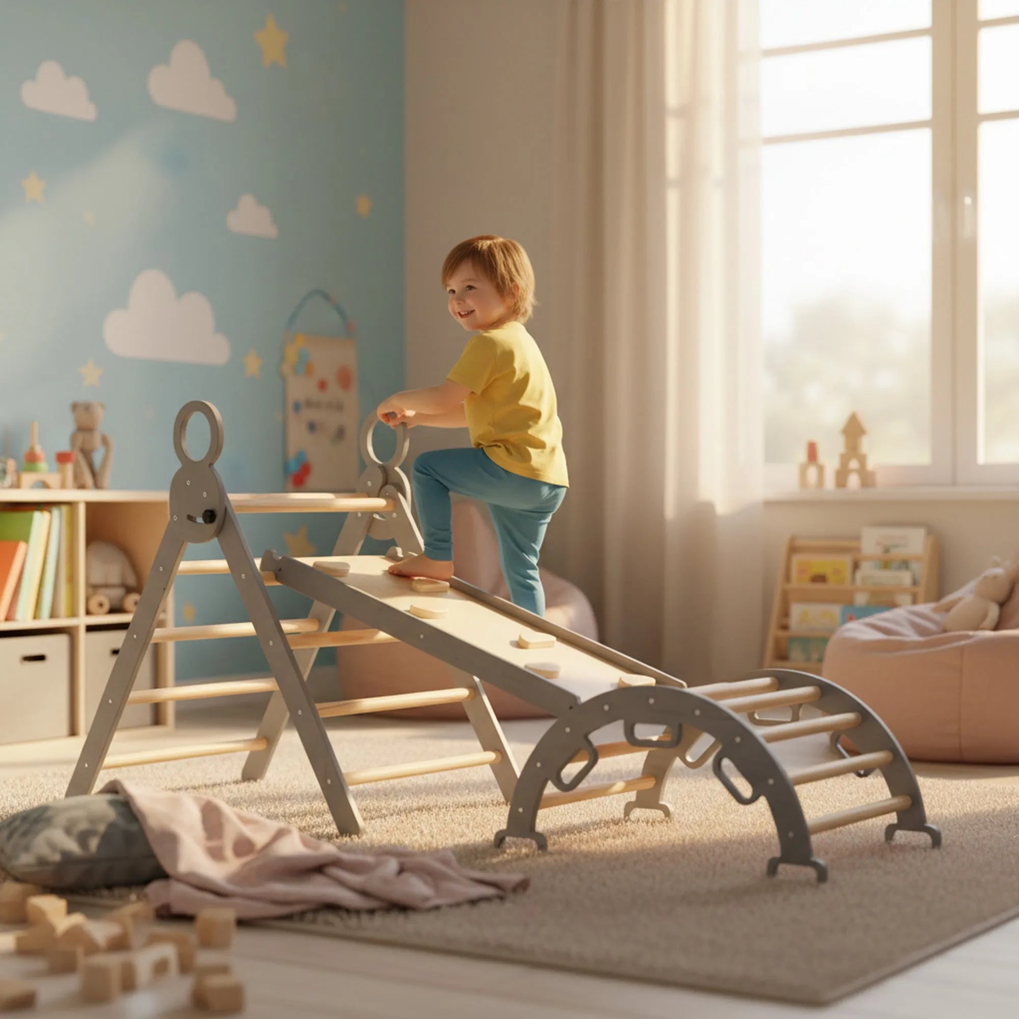 The DERYAN wooden climbing frame in gray consists of a foldable triangle with a climbing arch and a ramp with slide. The climbing frame is made of wood and intended for indoor use by young children during play and exercise.