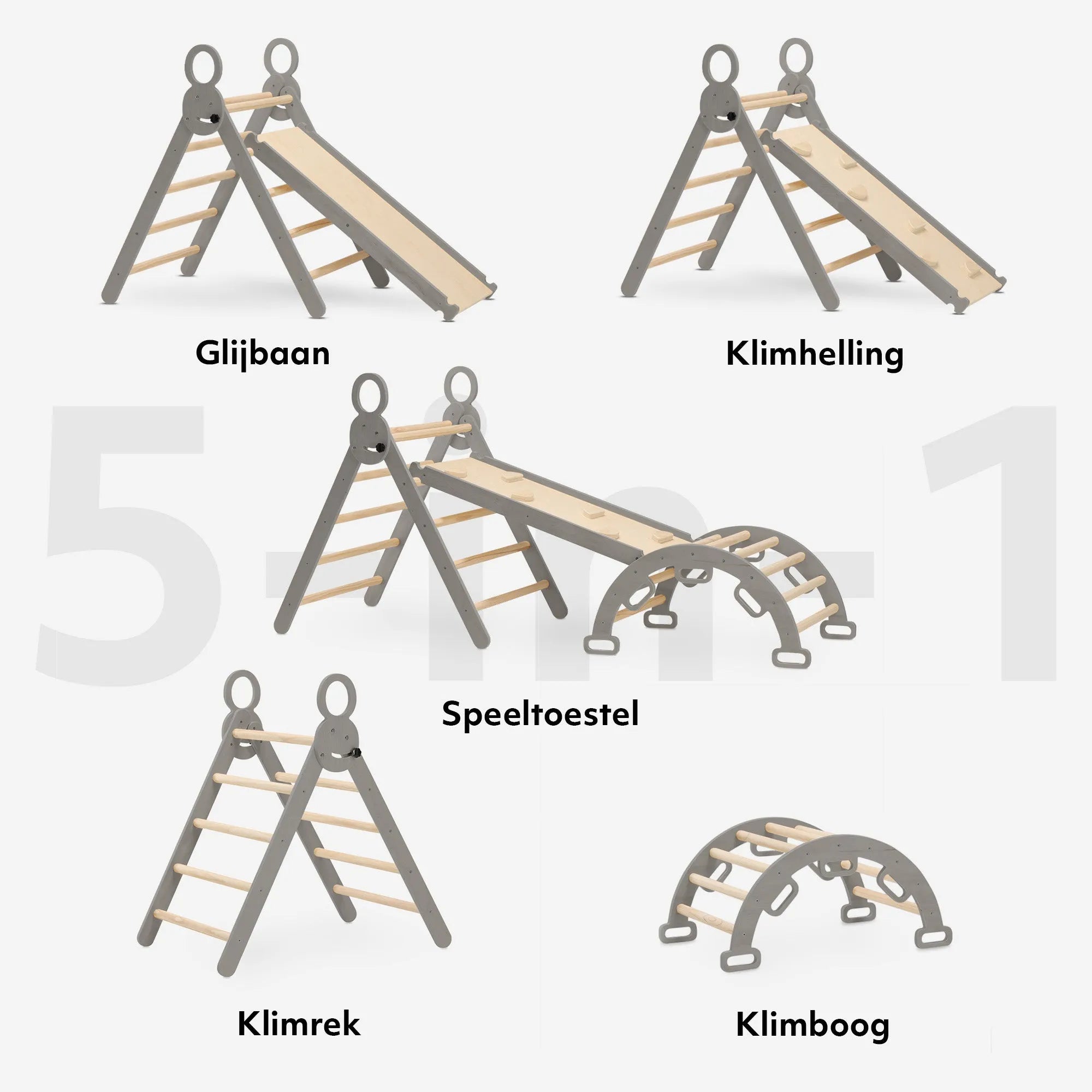 The DERYAN wooden climbing frame in gray consists of a foldable triangle with a climbing arch and a ramp with slide. The climbing frame is made of wood and intended for indoor use by young children during play and exercise.
