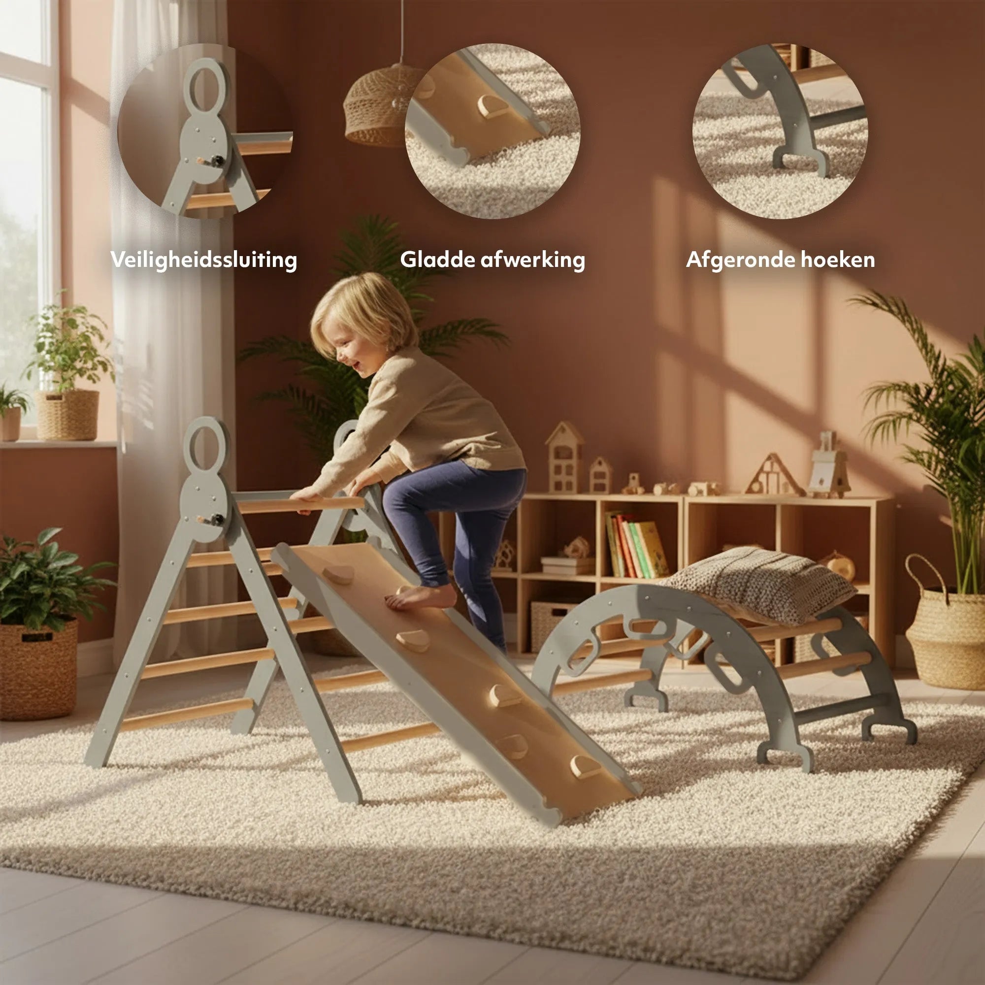 The DERYAN wooden climbing frame in gray consists of a foldable triangle with a climbing arch and a ramp with slide. The climbing frame is made of wood and intended for indoor use by young children during play and exercise.