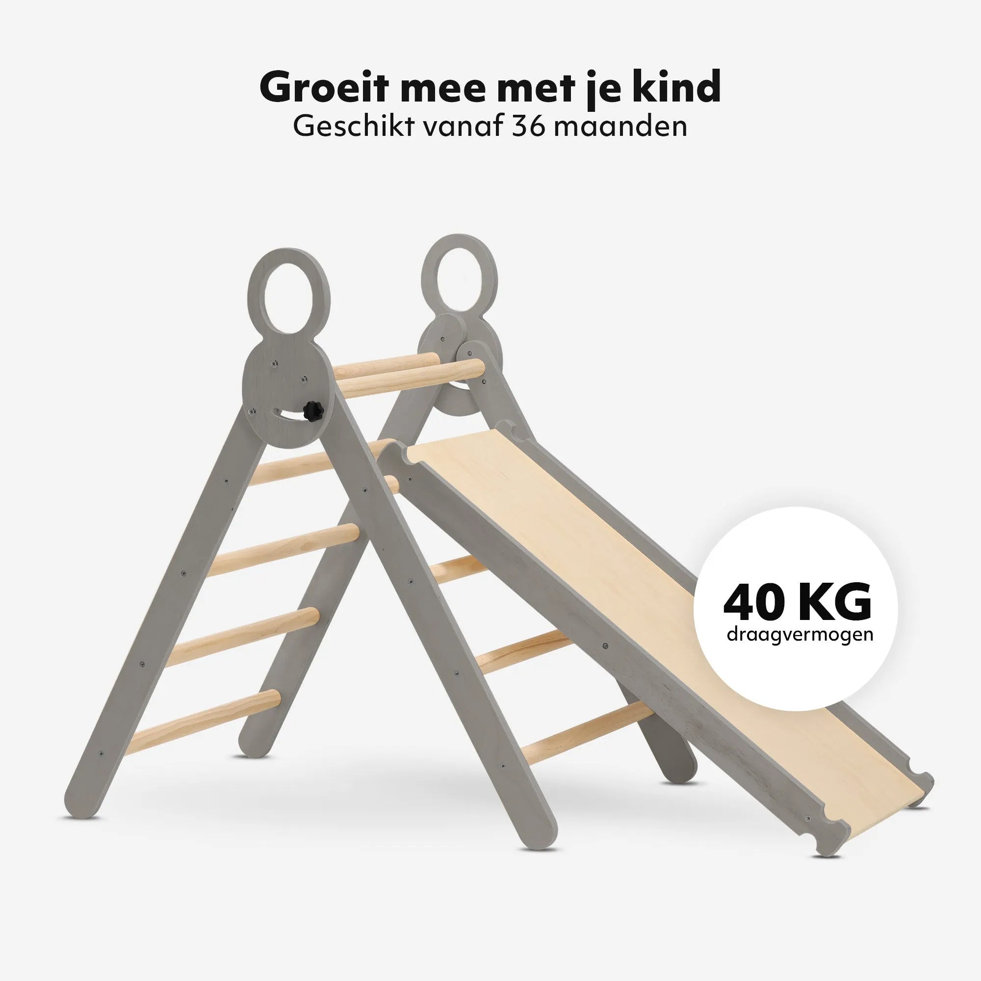 The DERYAN wooden climbing frame in gray consists of a foldable triangle with a climbing arch and a ramp with slide. The climbing frame is made of wood and intended for indoor use by young children during play and exercise.
