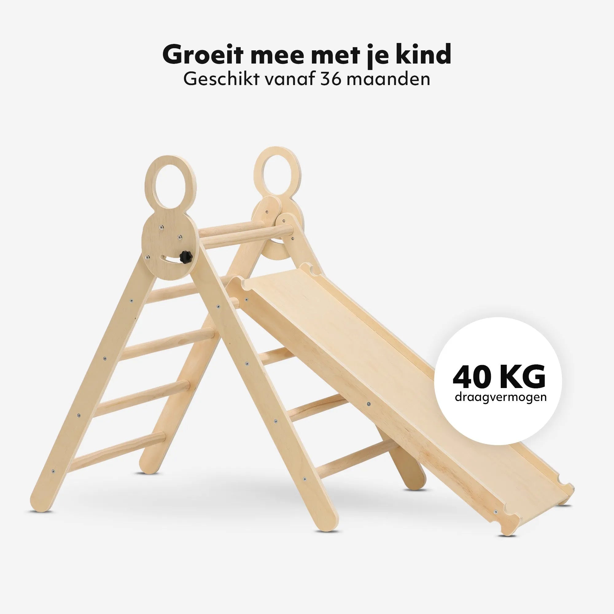The DERYAN wooden climbing frame consists of a foldable triangle with a climbing arch, a ramp with slide, and a separate cushion. The climbing frame is made of wood and is intended for indoor use by young children during play and exercise.