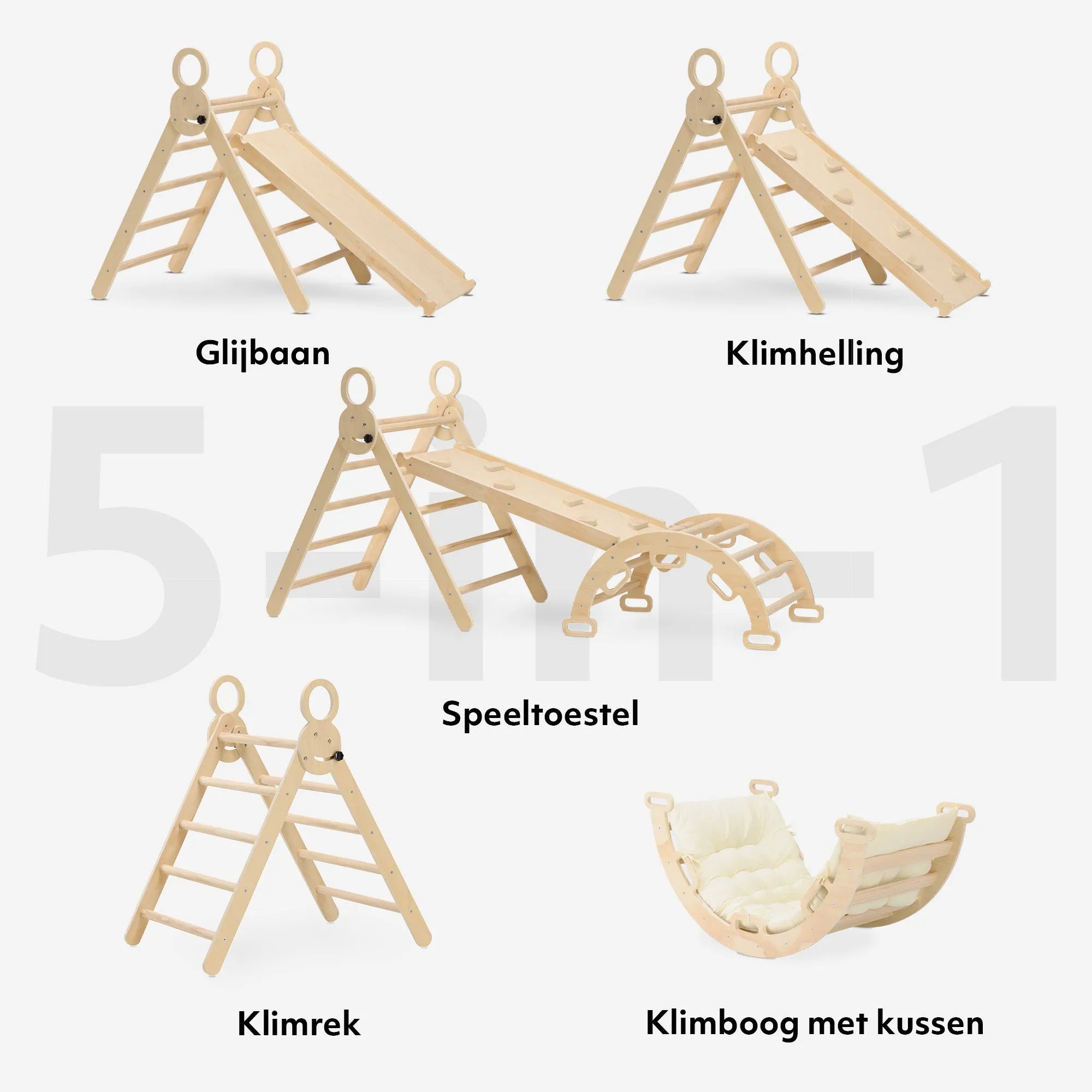 The DERYAN wooden climbing frame consists of a foldable triangle with a climbing arch, a ramp with slide, and a separate cushion. The climbing frame is made of wood and is intended for indoor use by young children during play and exercise.