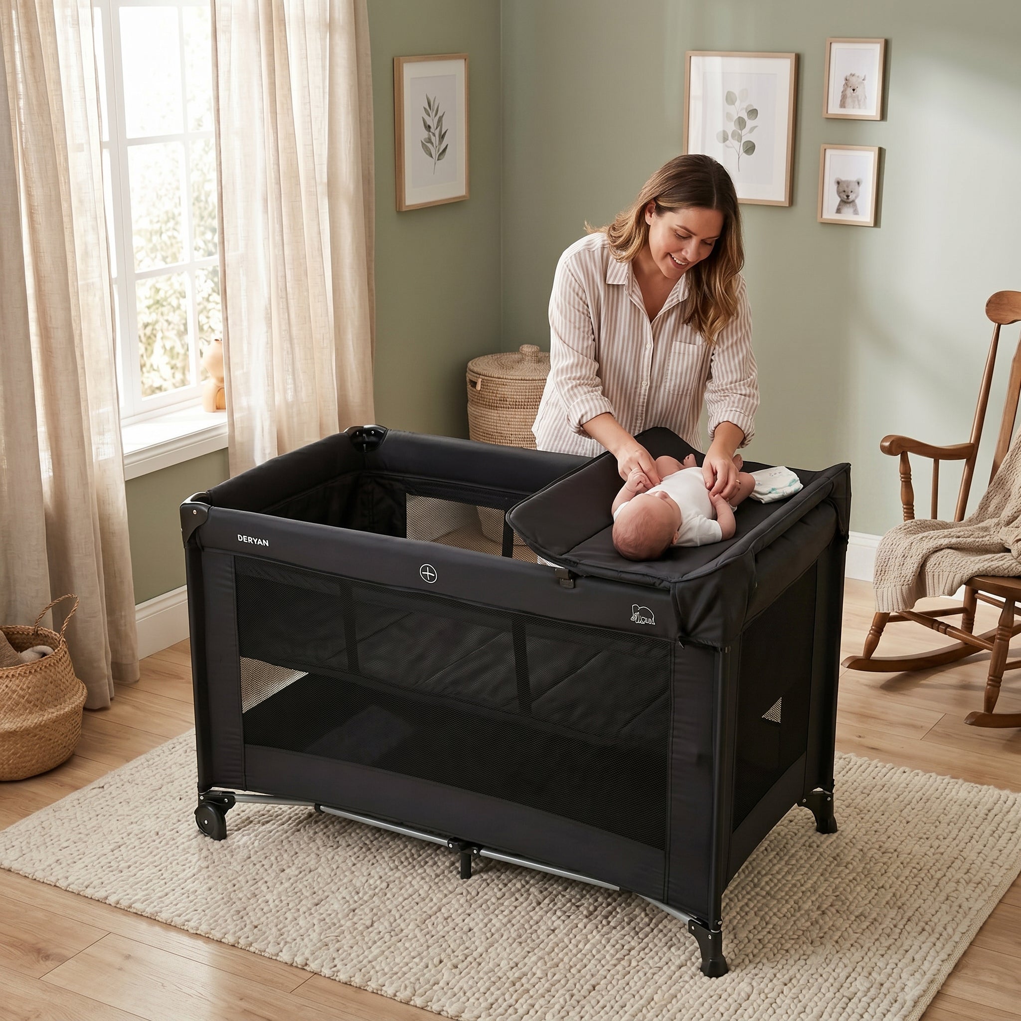 Luxury Travel Crib with Carry Bag - Includes Changing Pad - Includes Height Riser Black