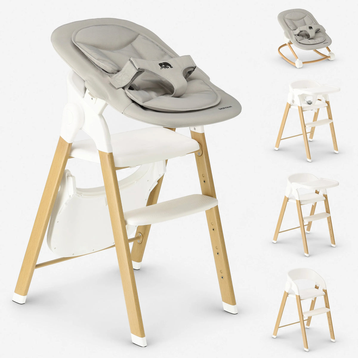 Luxuriöser Mitwachstumsstuhl mit Babysitz und Wippstuhl, Weiß / Holz
