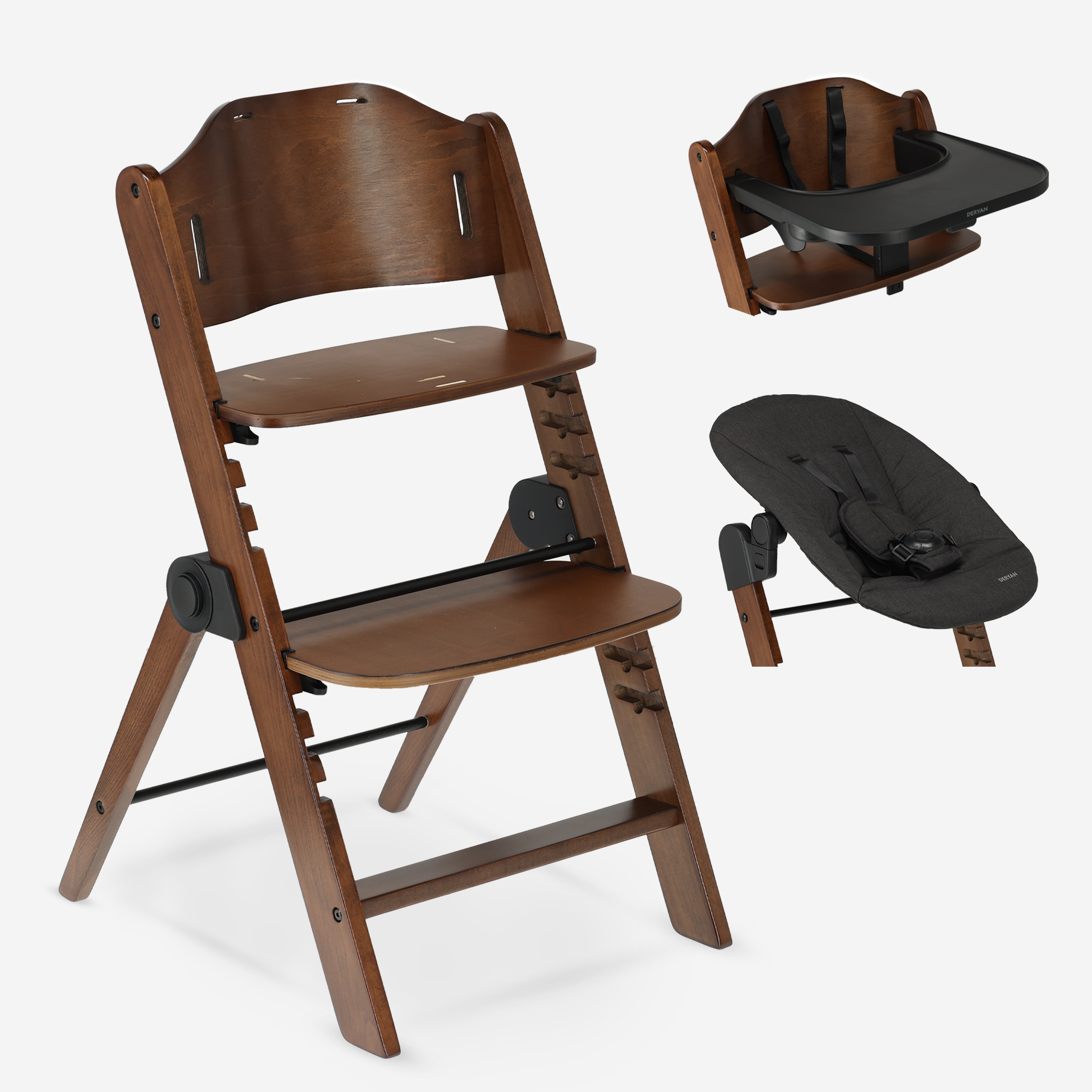 Odin Luxe Houten Meegroeistoel Kinderstoel met Bouncer - Inclusief Eetblad - Verstelbare Kinderstoel - Wood/Zwart