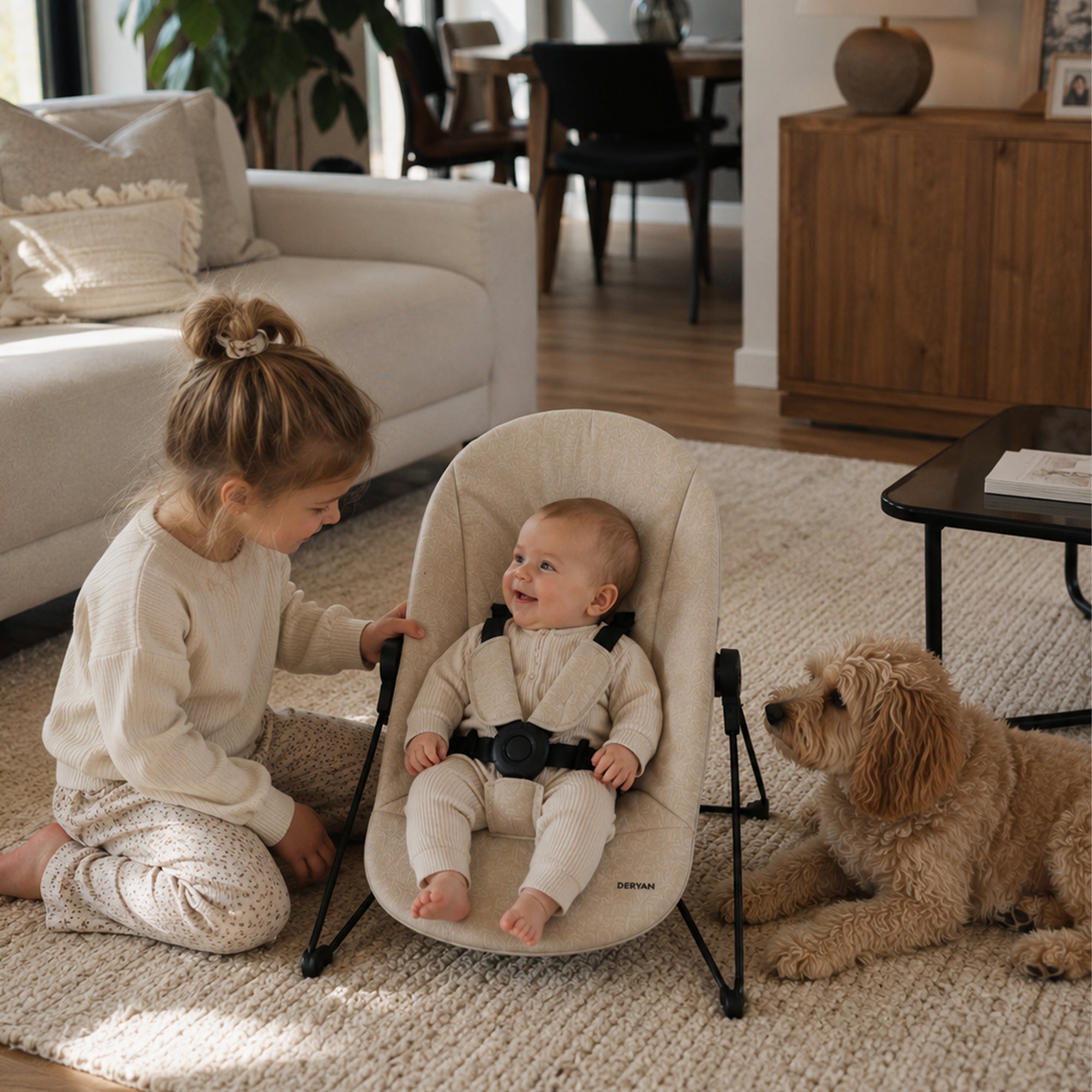 Odin Luxe: seggiolone in legno che cresce con il bambino, con funzione bouncer - Tavolino incluso - Seggiolone regolabile - Legno/Nougat