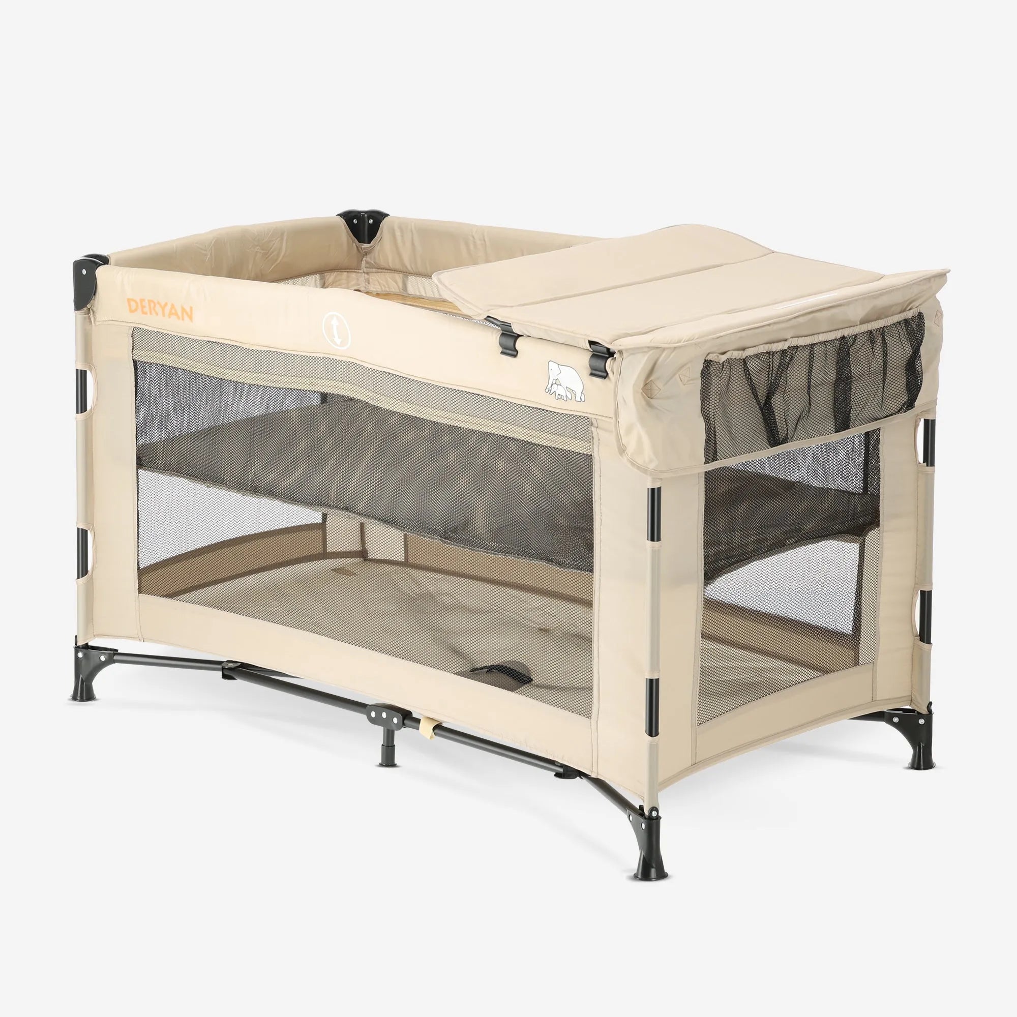 Luxus-Campingbett inklusive Transporttasche – inklusive Wickelauflage – inklusive Bodenverhöher Nougat