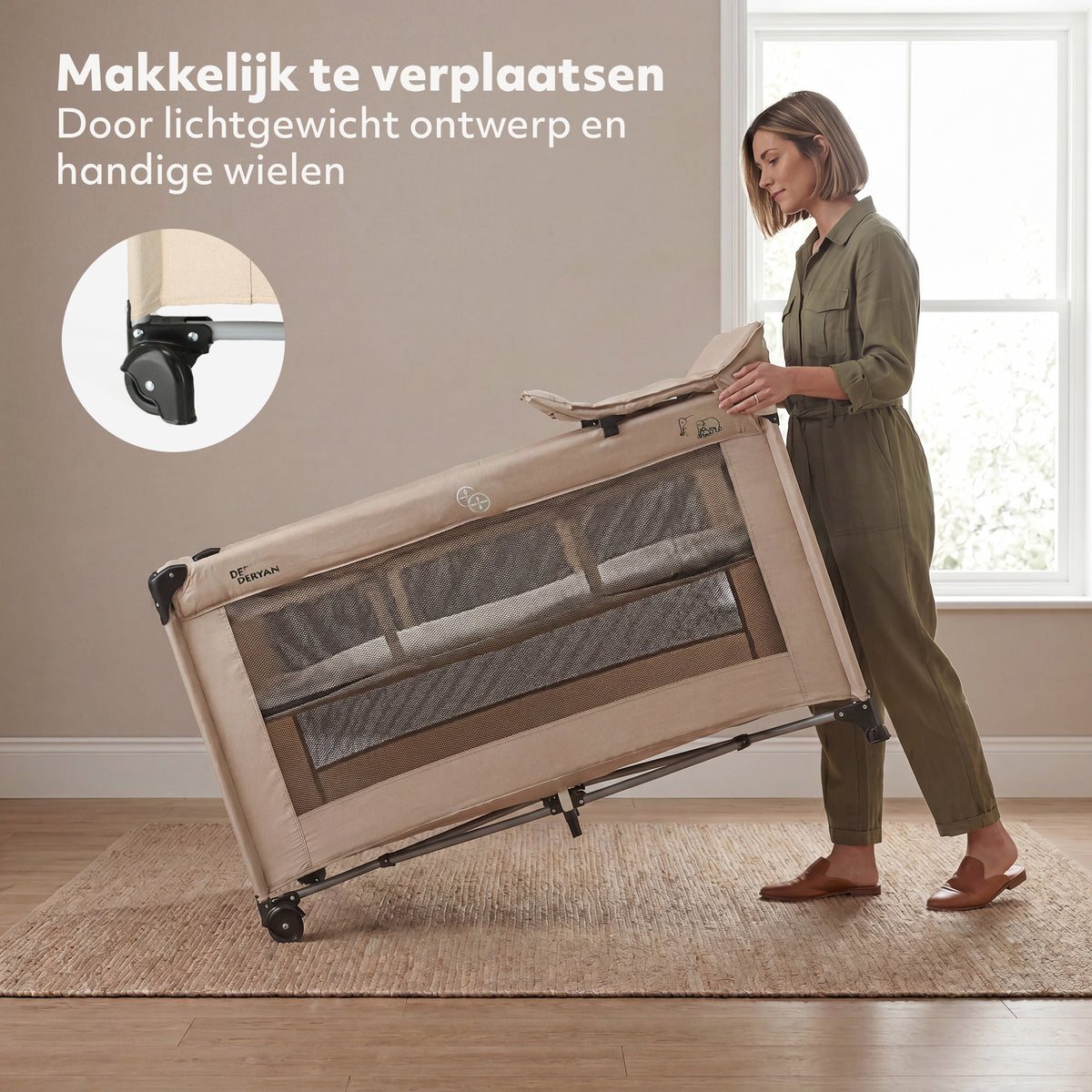 Luksuriøs Nougat campingseng inkludert transportveske, stellematte og høydejusterbar madrass.