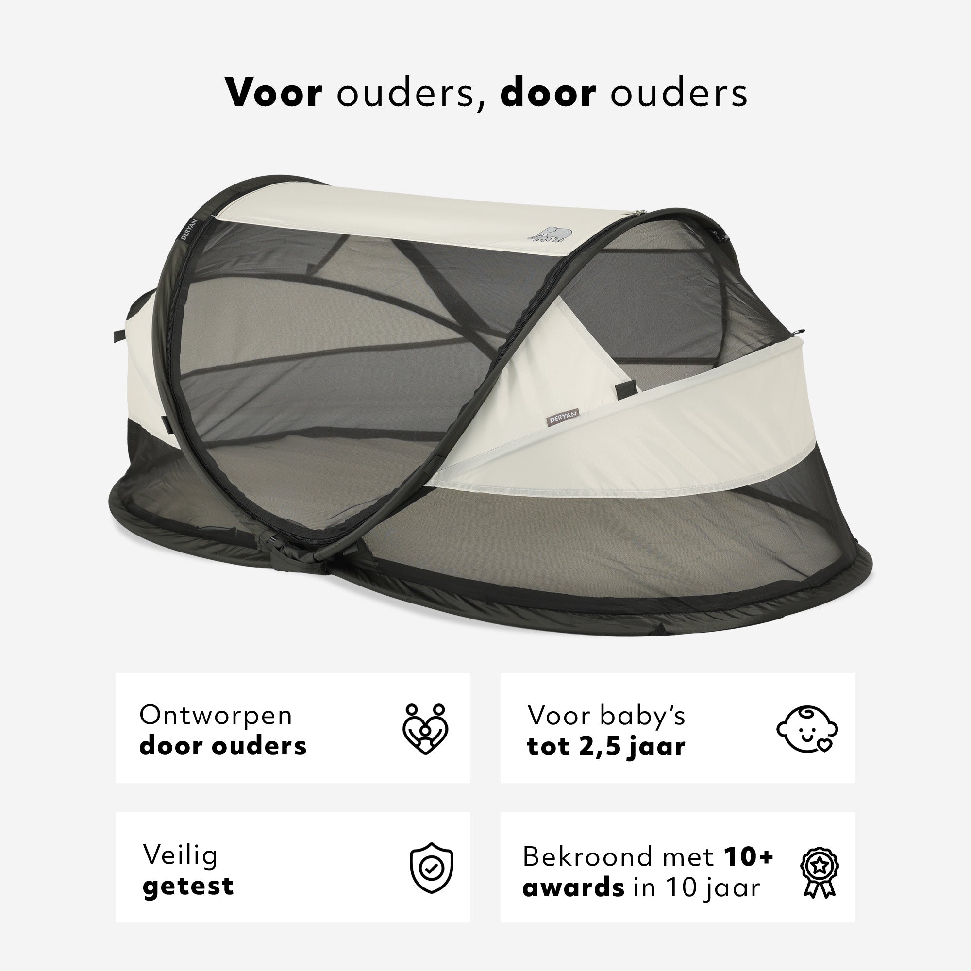 Baby Luxe Cream pop-up reisbed met muggennet <1 mm en zelfopblaasbaar matras