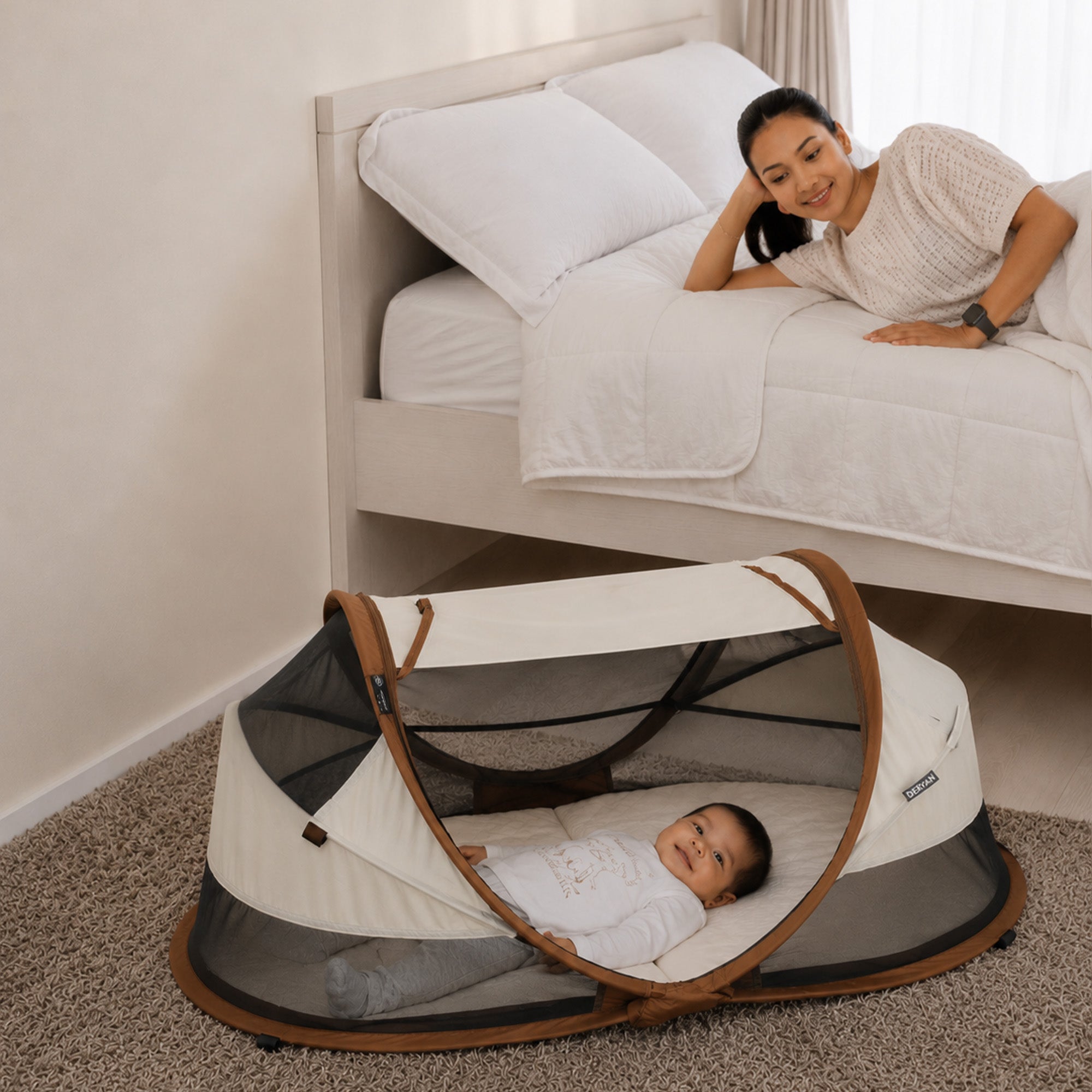 Baby Luxe Sand Pop-Up Travel Crib with 50% UV Protection and Self-Inflating Mattress