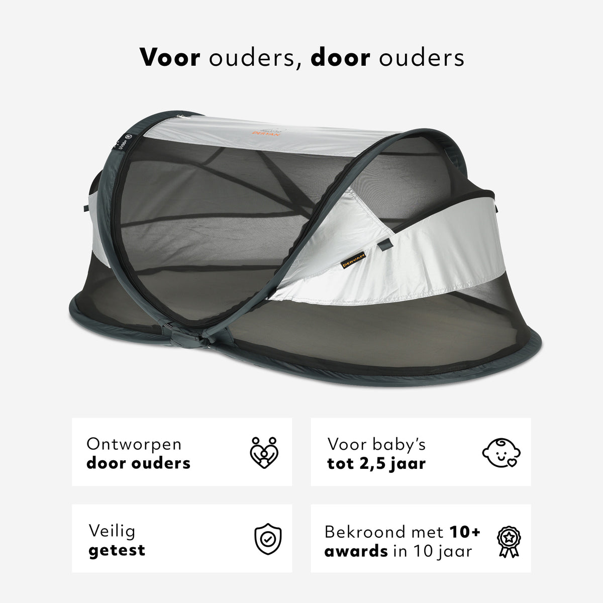 Baby Luxe Zilver pop-up reisbed met muggennet <1 mm en zelfopblaasbaar matras