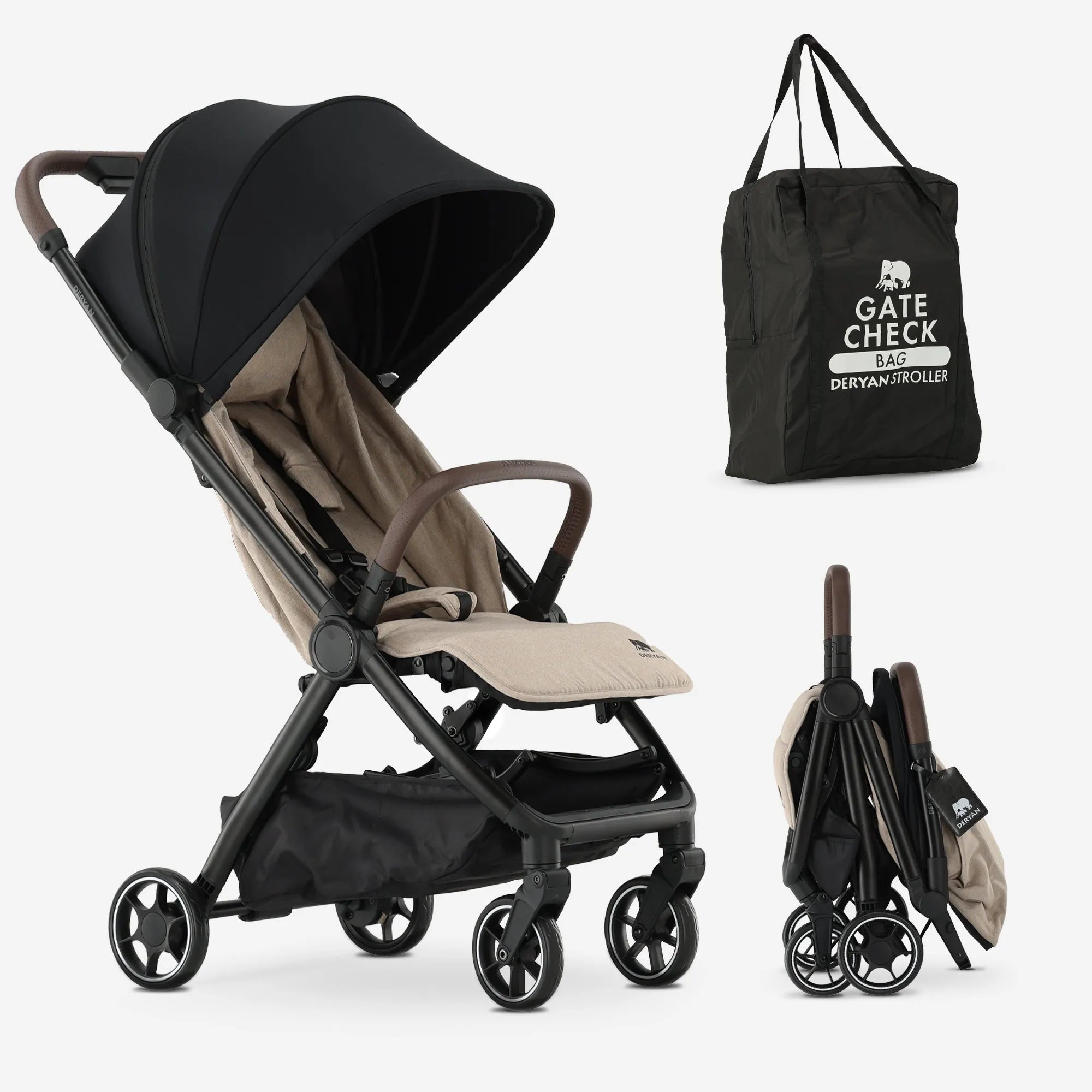 DERYAN Air Buggy Nougat – ultralichte reisbuggy van slechts 6 kg. Compact inklapbaar en geschikt als handbagage voor vliegtuig of auto. Met geïntegreerde transporttas, verstelbare rugleuning en schokabsorberende wielen. Ideaal voor moderne ouders die comfort en gemak zoeken onderweg.