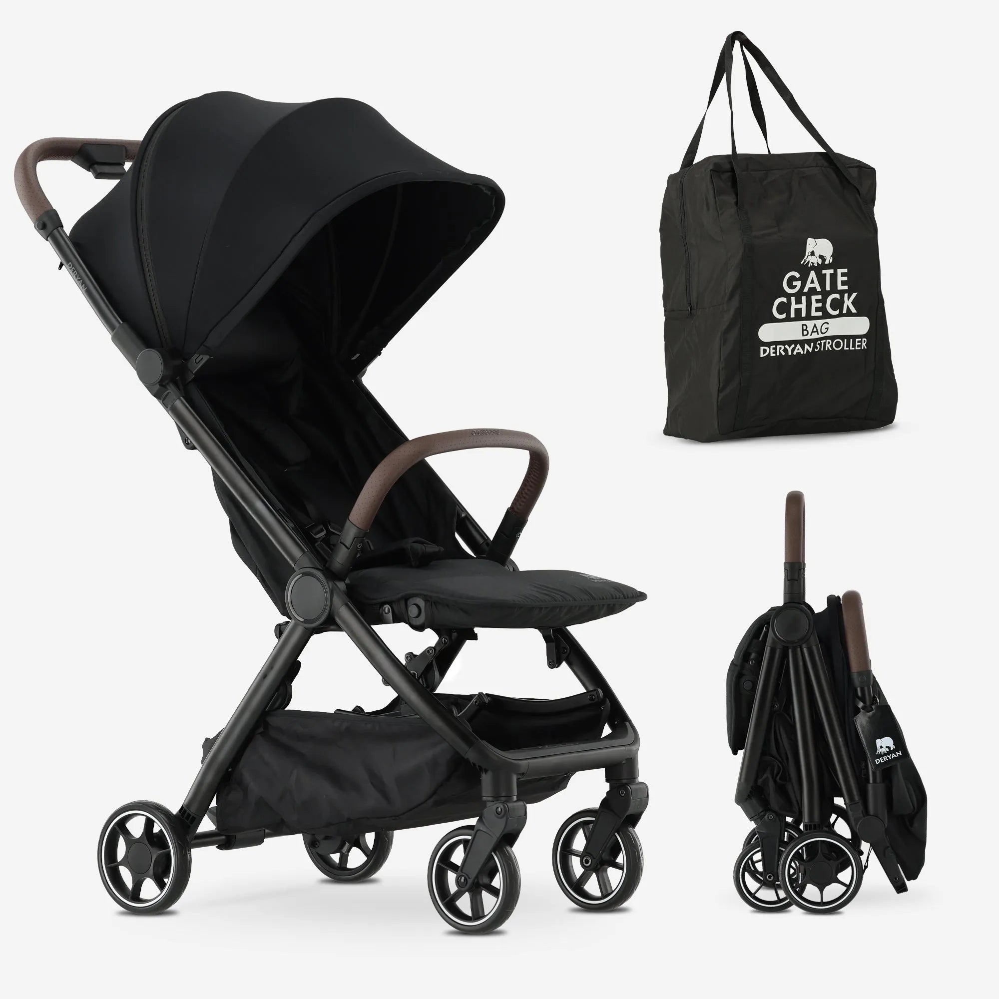DERYAN Air Buggy Zwart – ultralichte reisbuggy van slechts 6 kg. Compact inklapbaar en geschikt als handbagage voor vliegtuig en uitstapjes. Voorzien van geïntegreerde transporttas, verstelbare rugleuning en schokabsorberende wielen. Perfect voor ouders die stijl en gemak willen combineren.