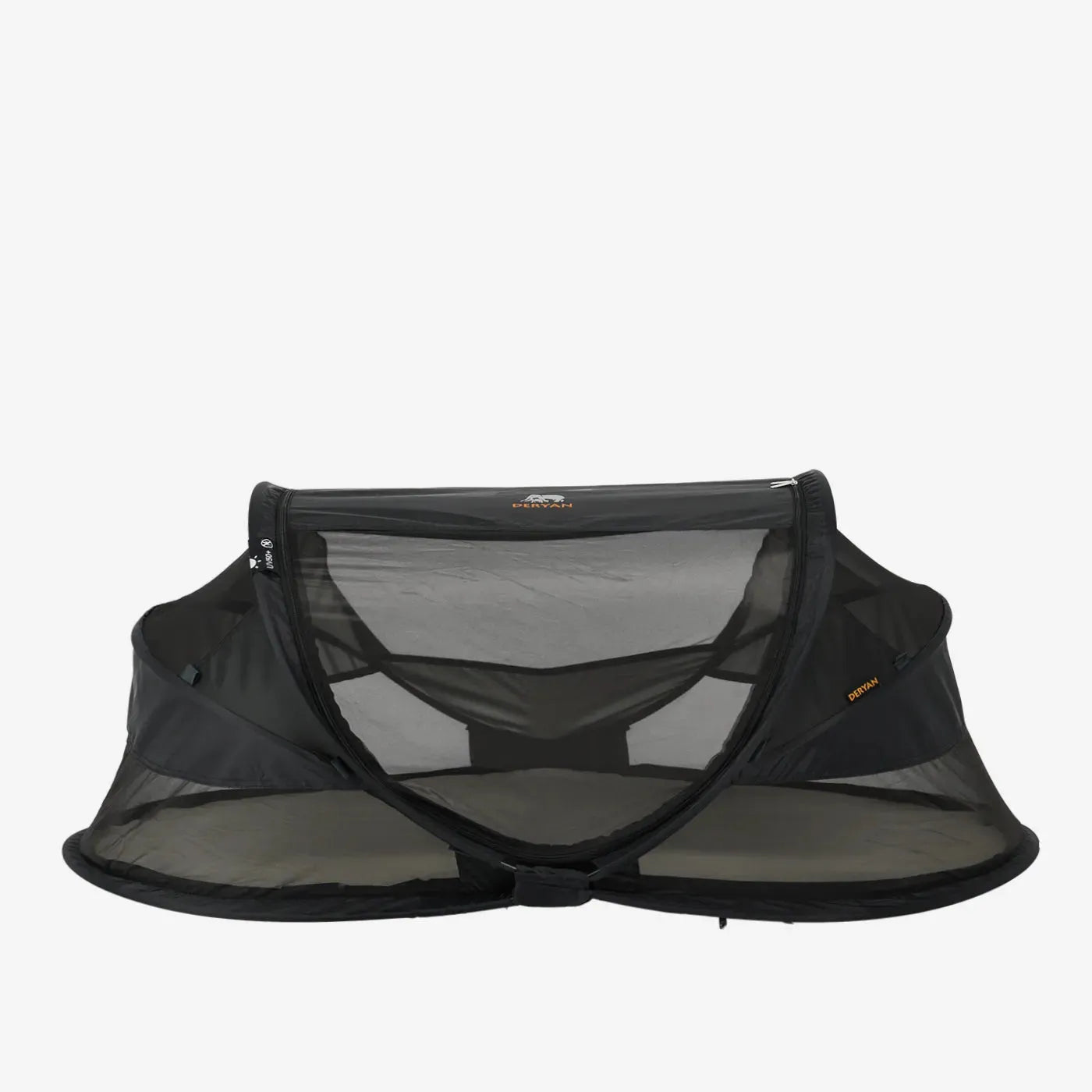DERYAN Baby Luxe Black - stylish pop-up travel cot for babies under €100. Combines comfort, safety and ease of use. Sets up in 2 seconds with the pop-up system and offers 50% UV protection. Ideal for travel, vacation or at grandparents' house.