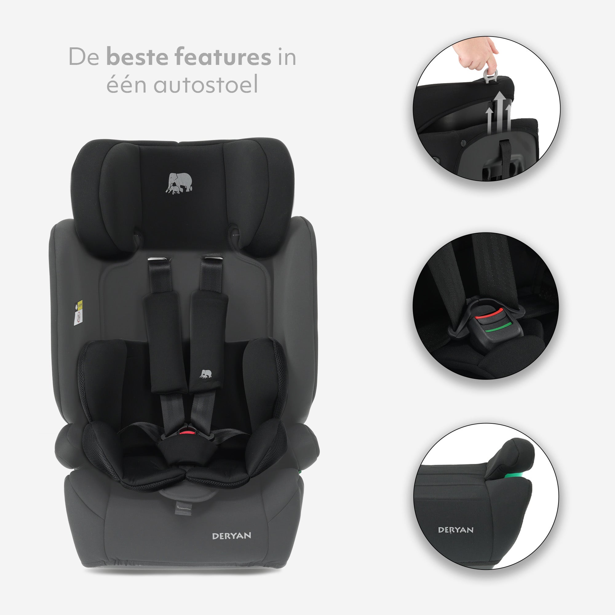 De DERYAN Carter Basic i-Size bilsete i svart passer for barn fra syttiseks til hundre og femti centimeter i høyden, fra omtrent femten måneder til tolv år. Denne modellen oppfyller i-Size R129-standarden og har et dypt sete med mykt, lettrengjørbart trekk.