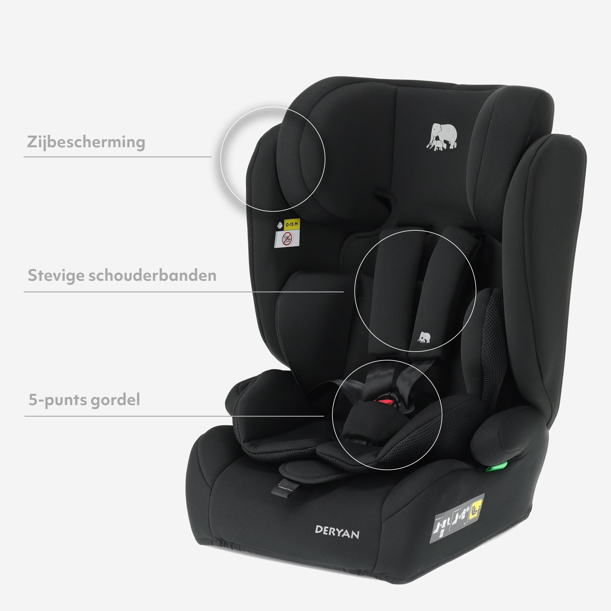 De DERYAN Carter Basic i-Size bilsete i svart passer for barn fra syttiseks til hundre og femti centimeter i høyden, fra omtrent femten måneder til tolv år. Denne modellen oppfyller i-Size R129-standarden og har et dypt sete med mykt, lettrengjørbart trekk.