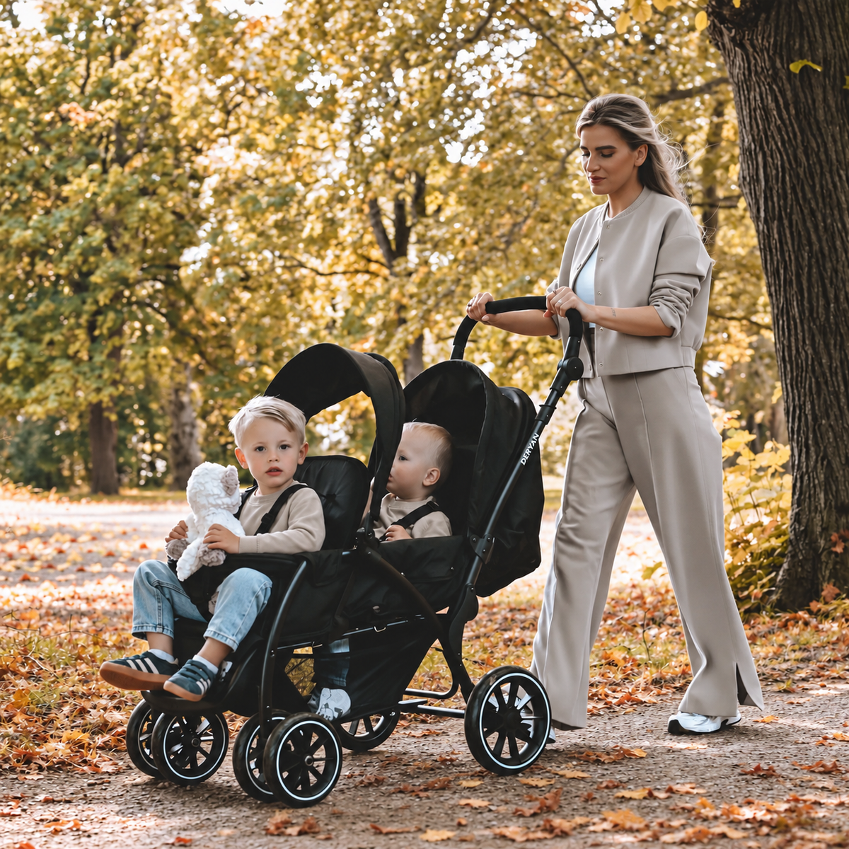 Elena Duo-Kinderwagen, schwarz, mit zwei Sitzen, kompakt zusammenklappbar, inklusive Regenschutz