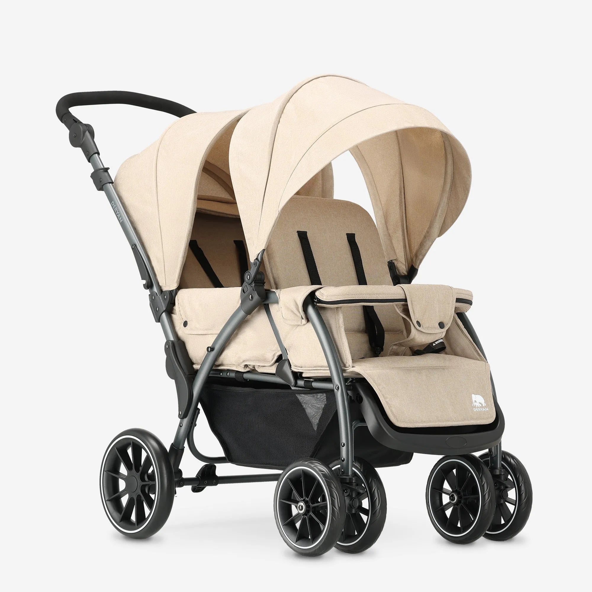 DERYAN Elena Duobuggy Nougat – stijlvolle, lichtgewicht duo buggy voor twee kinderen. Eenvoudig met één hand inklapbaar en voorzien van verstelbare zitjes, voetensteun en SPF50+ zonnekap. Met veilige 5-puntsgordel en compact design ideaal voor ouders die kwaliteit en comfort zoeken.