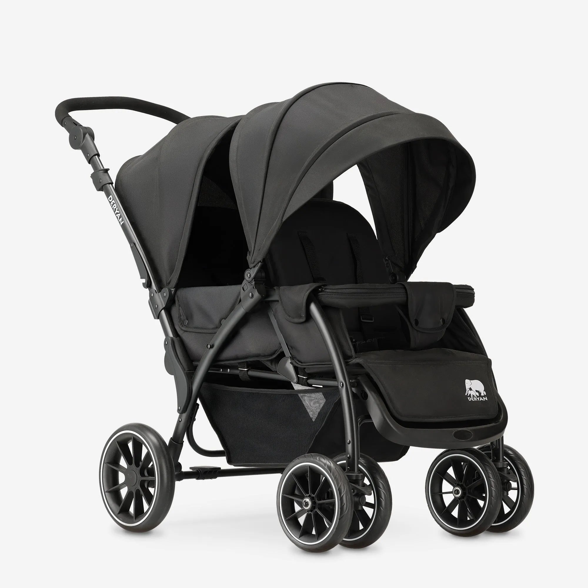 DERYAN Elena Duobuggy Zwart – compacte, lichtgewicht duo buggy voor groeiende gezinnen. Met één hand inklapbaar, verstelbare zitjes en voetensteun, SPF50+ zonnekap en 5-puntsgordel voor optimale veiligheid. Ideaal voor ouders die comfort en gemak zoeken onderweg.