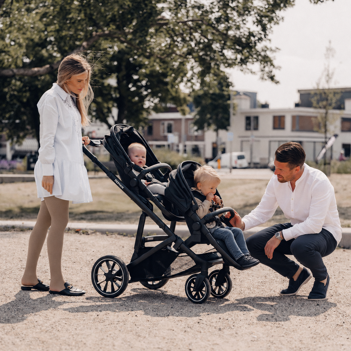 Evy Duo Stroller, Black, with Two Seats, Adjustable Footrest, and Suspension System