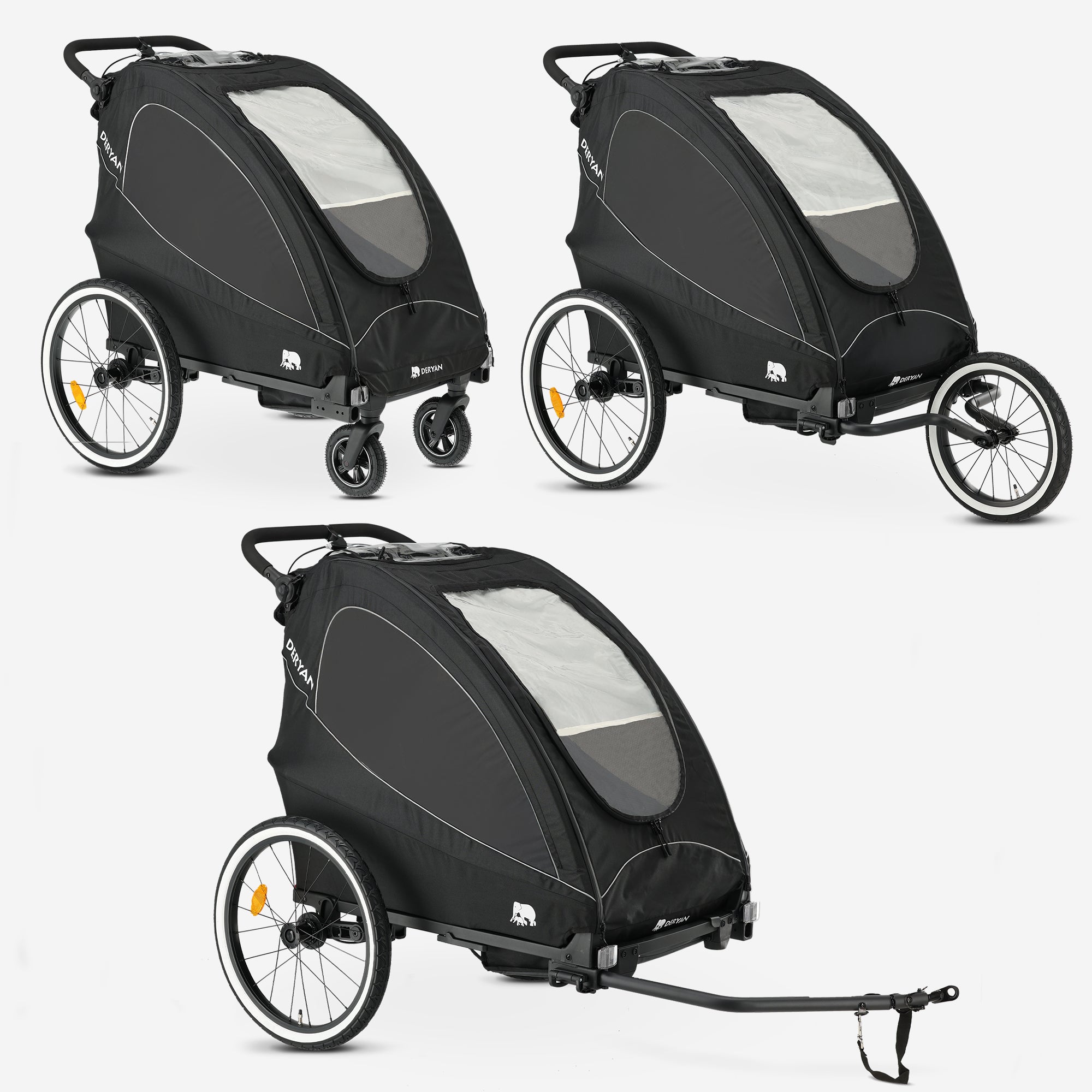 DERYAN Fietskar – Wandelwagen – Hardloopkinderwagen Zwart: de ultieme 3-in-1 oplossing voor sportieve ouders. Voorzien van verstelbaar stuur, luchtbanden en comfortabel PU-zadel. Veilig, stabiel en praktisch dankzij stuurbegrenzer en gesloten kettingkast. Perfect voor elk avontuur.