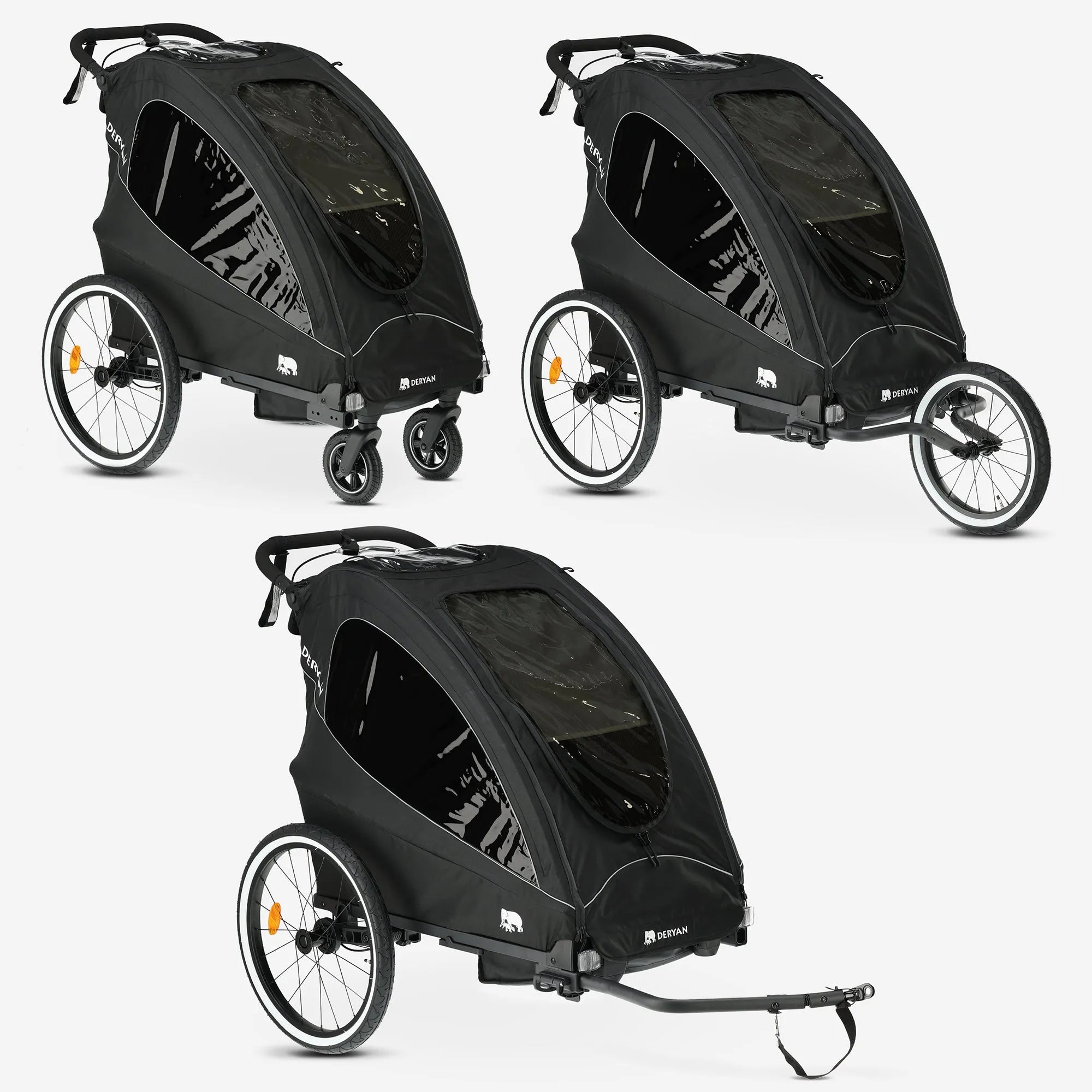 DERYAN Luxe Fietskar 1-persoons Zwart – sportieve 3-in-1 kinderwagen die gebruikt kan worden als fietskar, wandelwagen en hardloopkinderwagen. Voorzien van verstelbaar stuur, luchtbanden en comfortabel PU-zadel. Veilige stuurbegrenzer en gesloten kettingkast voor stabiel rijcomfort.